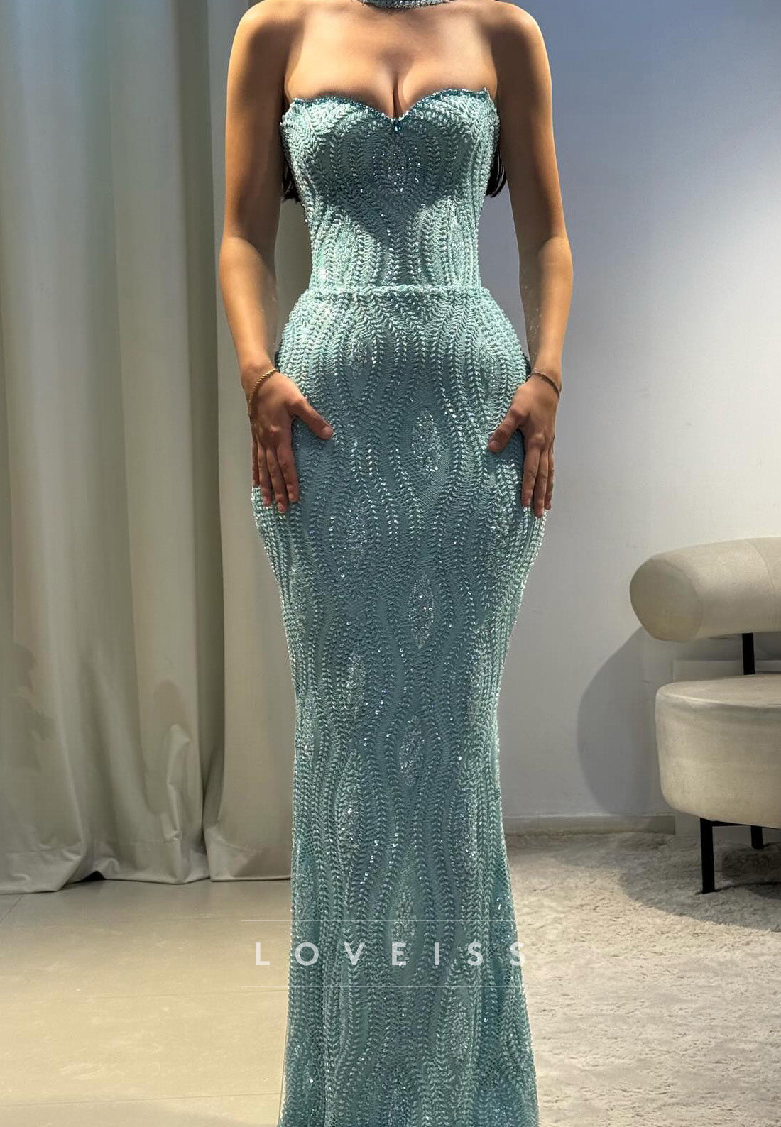 Sweetheart Sleeveless Beaded Embroidery wiith Scarf Mermaid Prom Dress