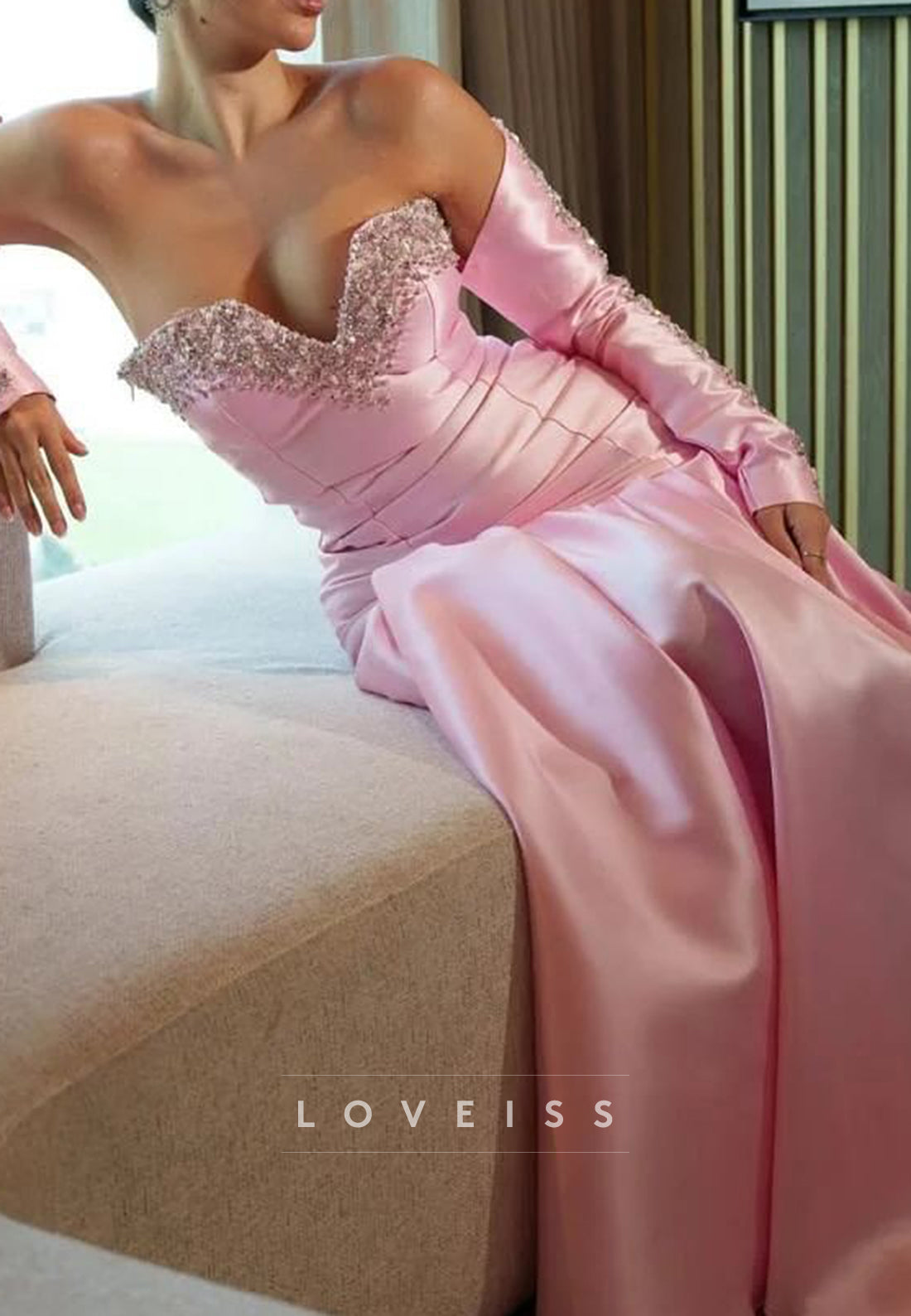 Sweetheart Sleeveless Beaded Pleated Mermaid Pink Formal Prom Dress