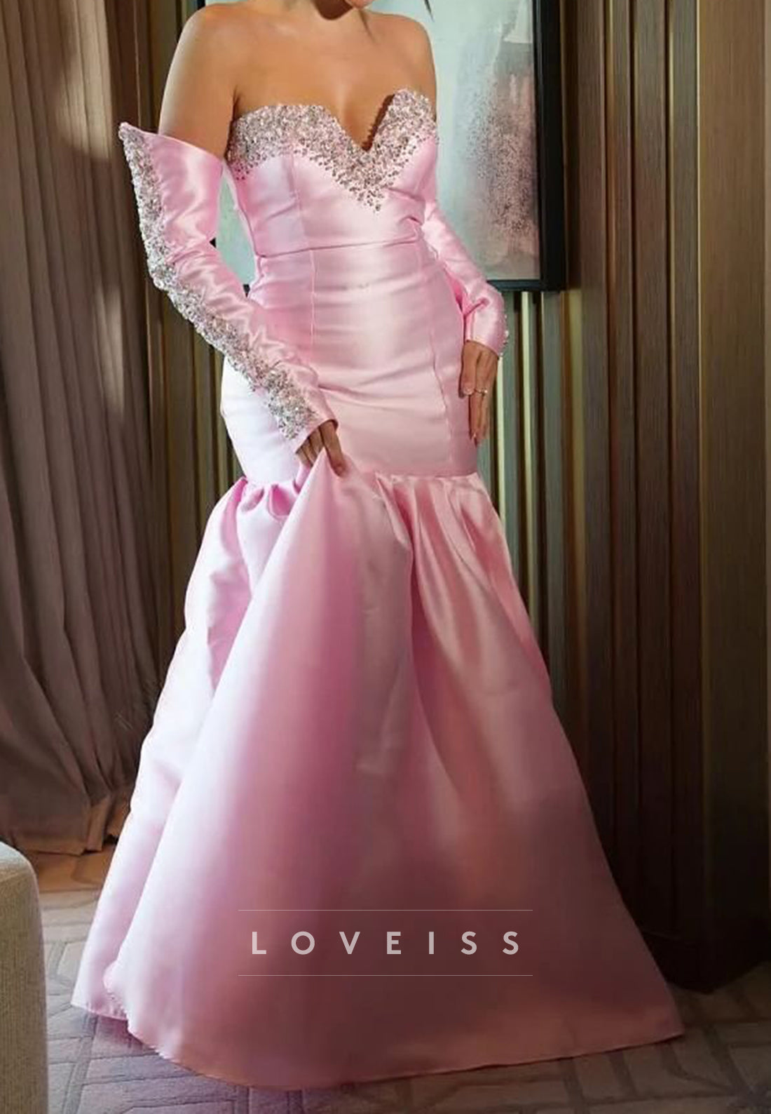 Sweetheart Sleeveless Beaded Pleated Mermaid Pink Formal Prom Dress