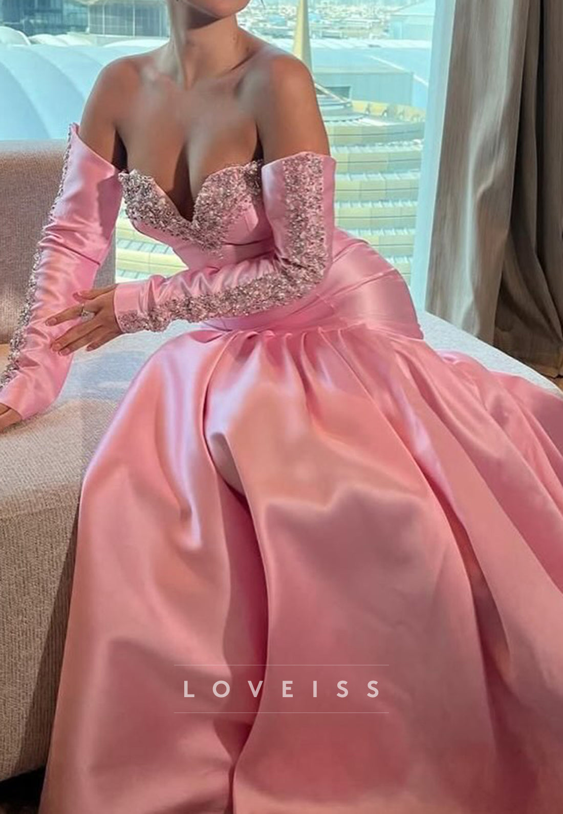 Sweetheart Sleeveless Beaded Pleated Mermaid Pink Formal Prom Dress