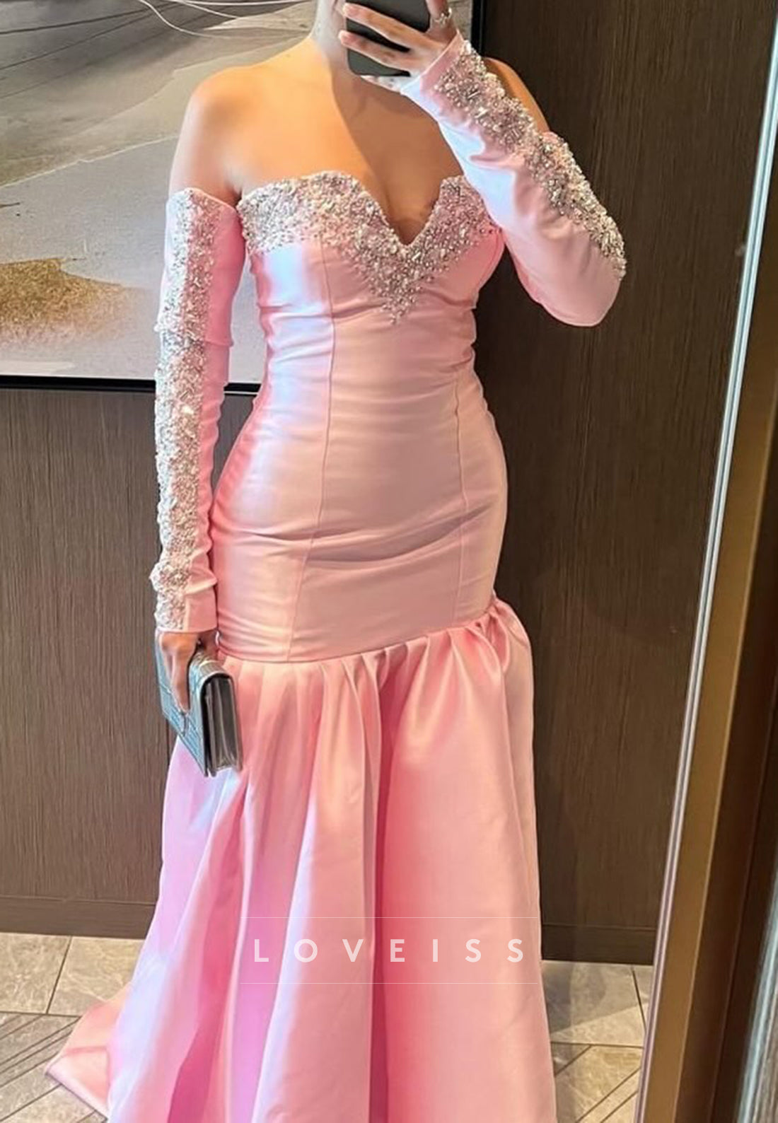 Sweetheart Sleeveless Beaded Pleated Mermaid Pink Formal Prom Dress