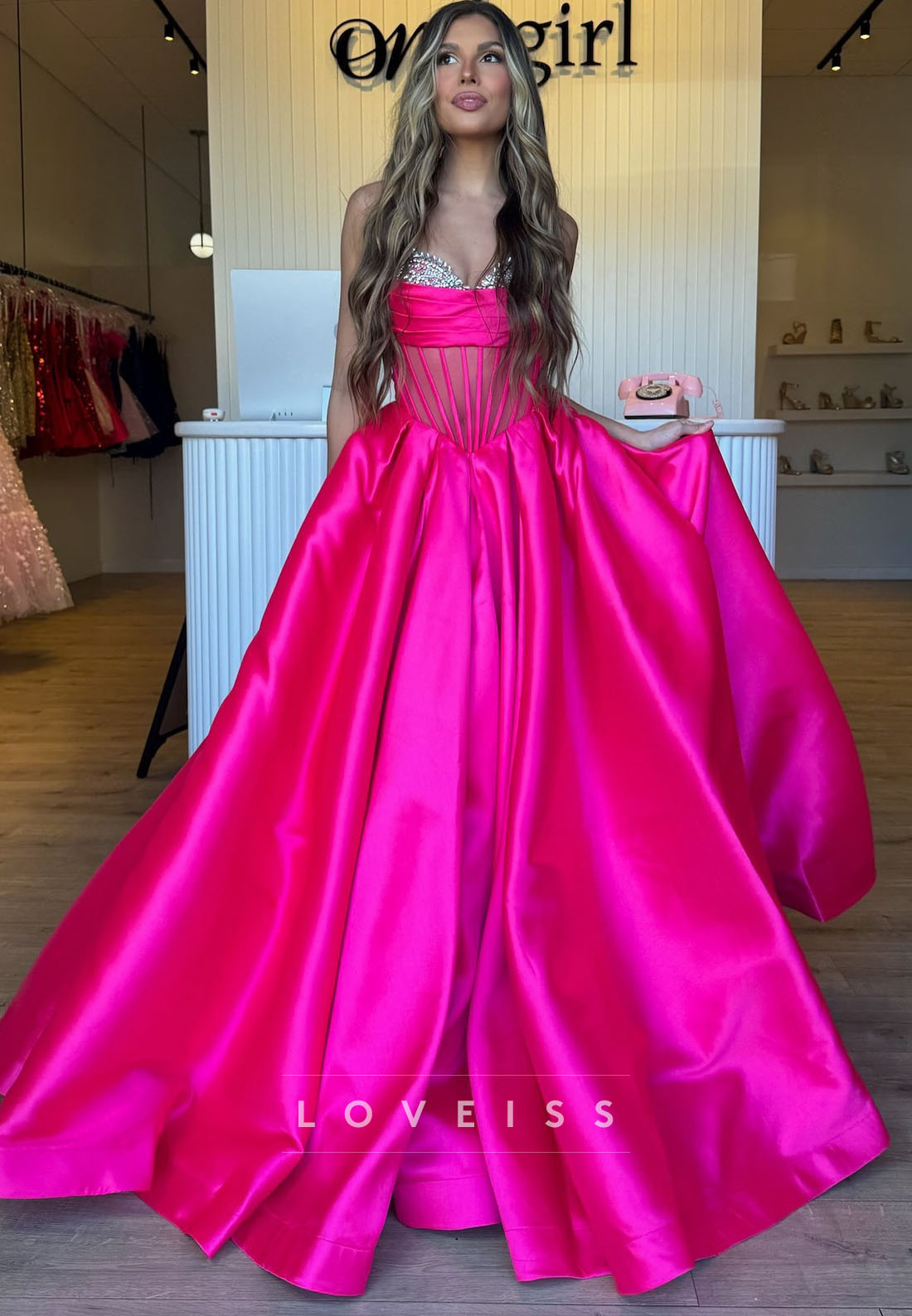 Sweetheart Sleeveless Beaded Sheer Pleated Satin Prom Dress