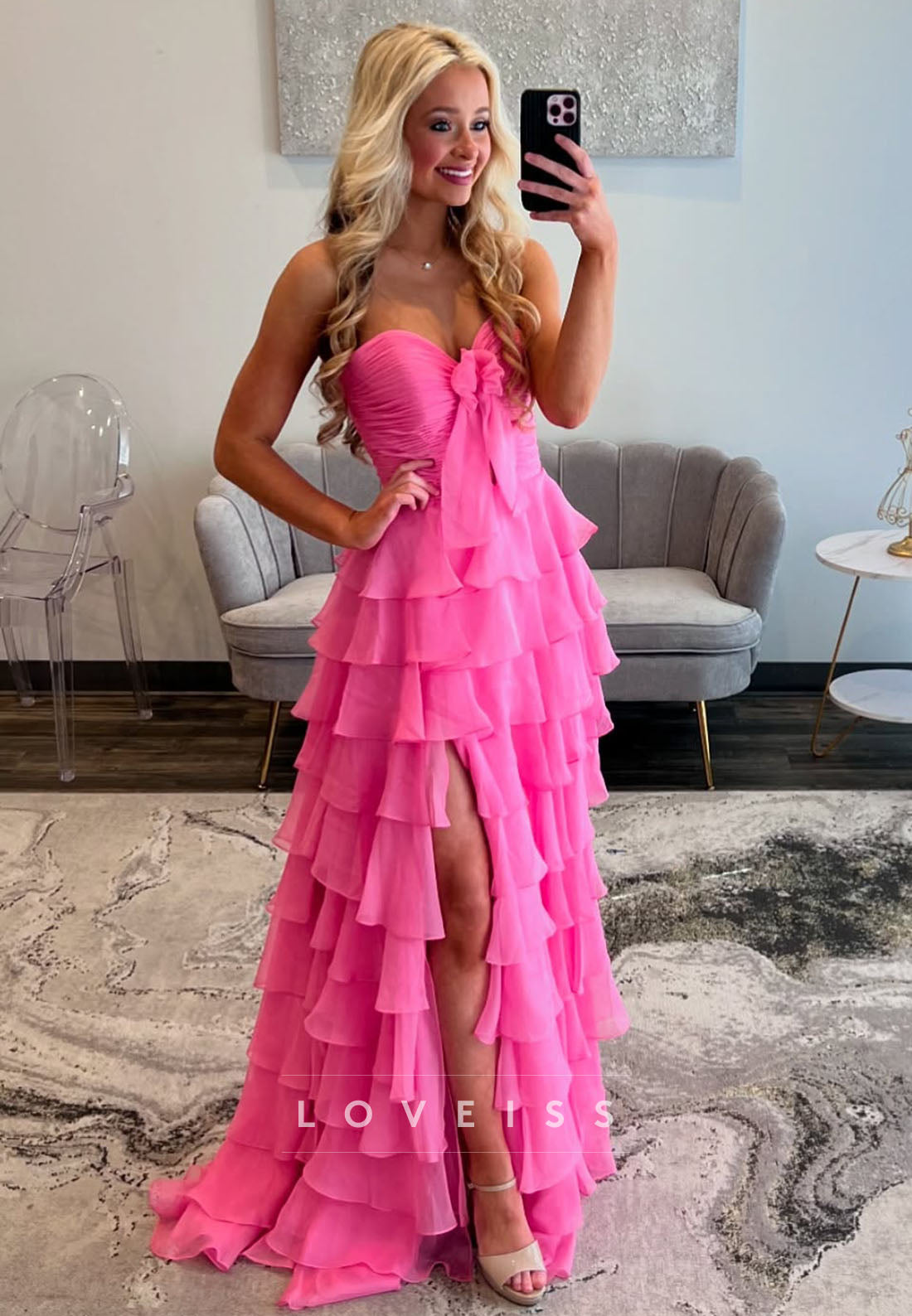 Sweetheart Sleeveless Chiffon Tiered A-Line Prom Dress