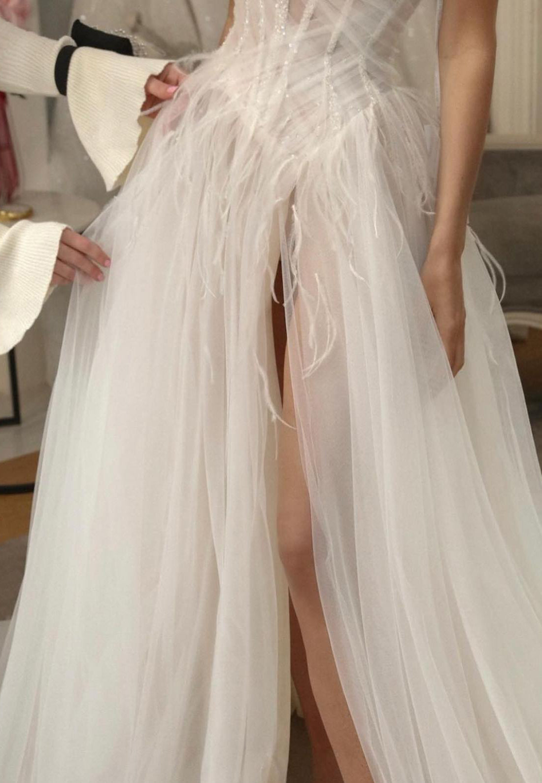 Sweetheart Sleeveless Feathered Side Slit A-Line Wedding Dress
