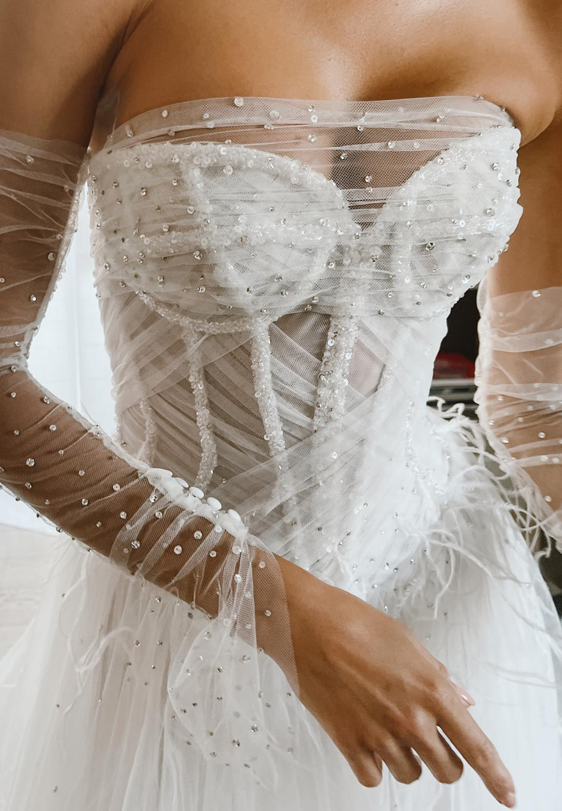 Sweetheart Sleeveless Feathered Side Slit A-Line Wedding Dress