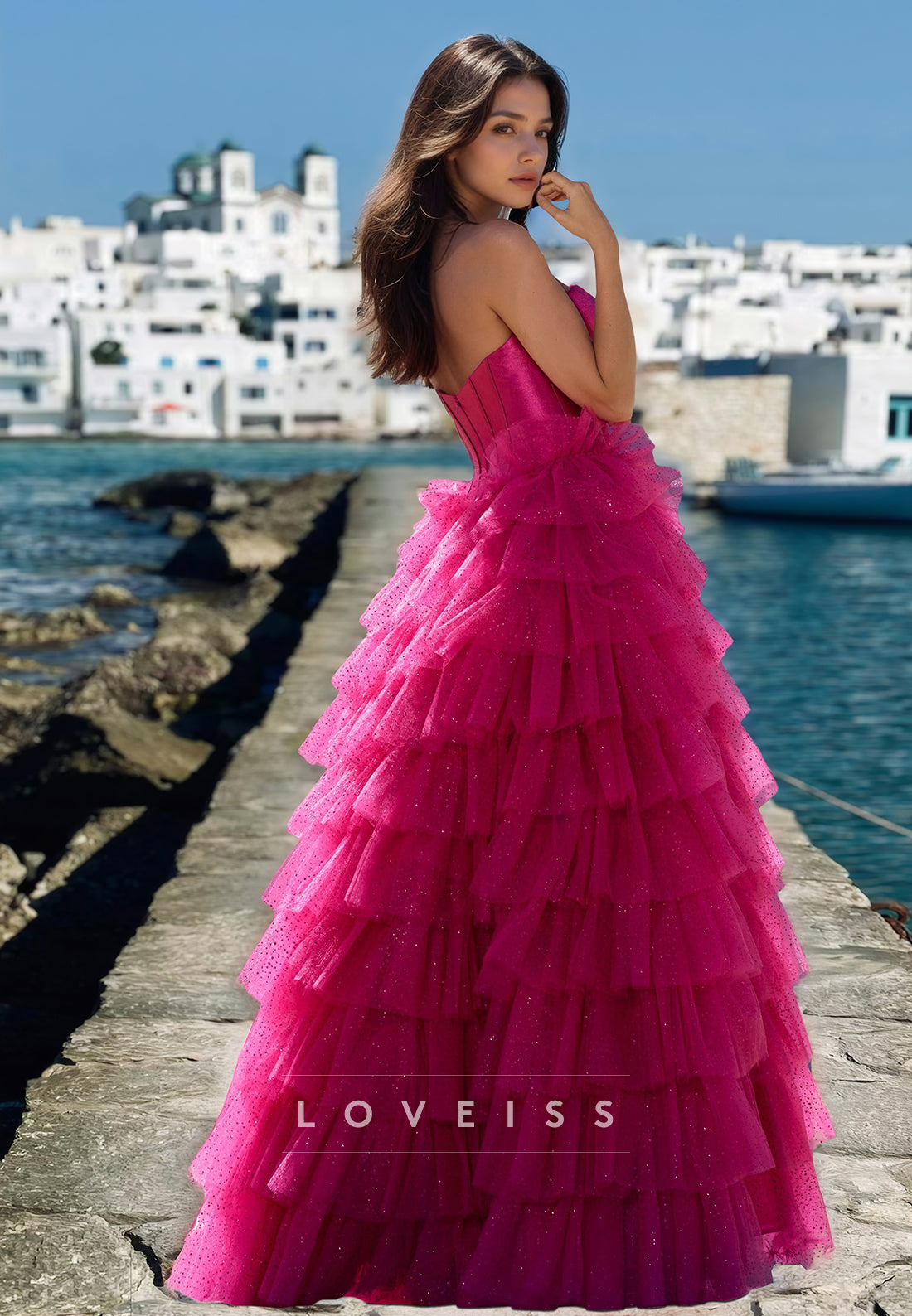 Sweetheart Sleeveless Illusion Tiered Tulle Ball Gown A-Line Prom Dress