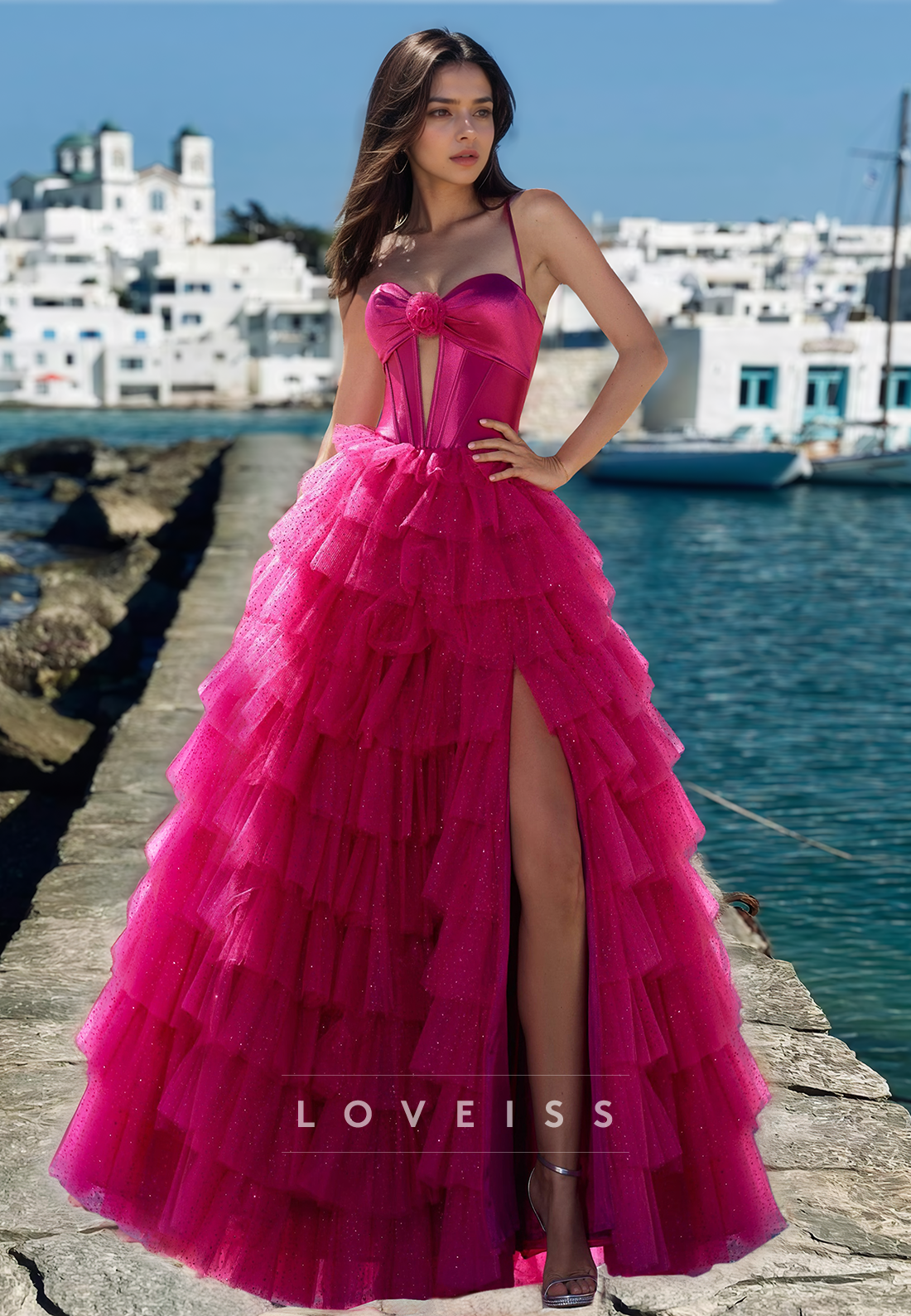 Sweetheart Sleeveless Illusion Tiered Tulle Ball Gown A-Line Prom Dress