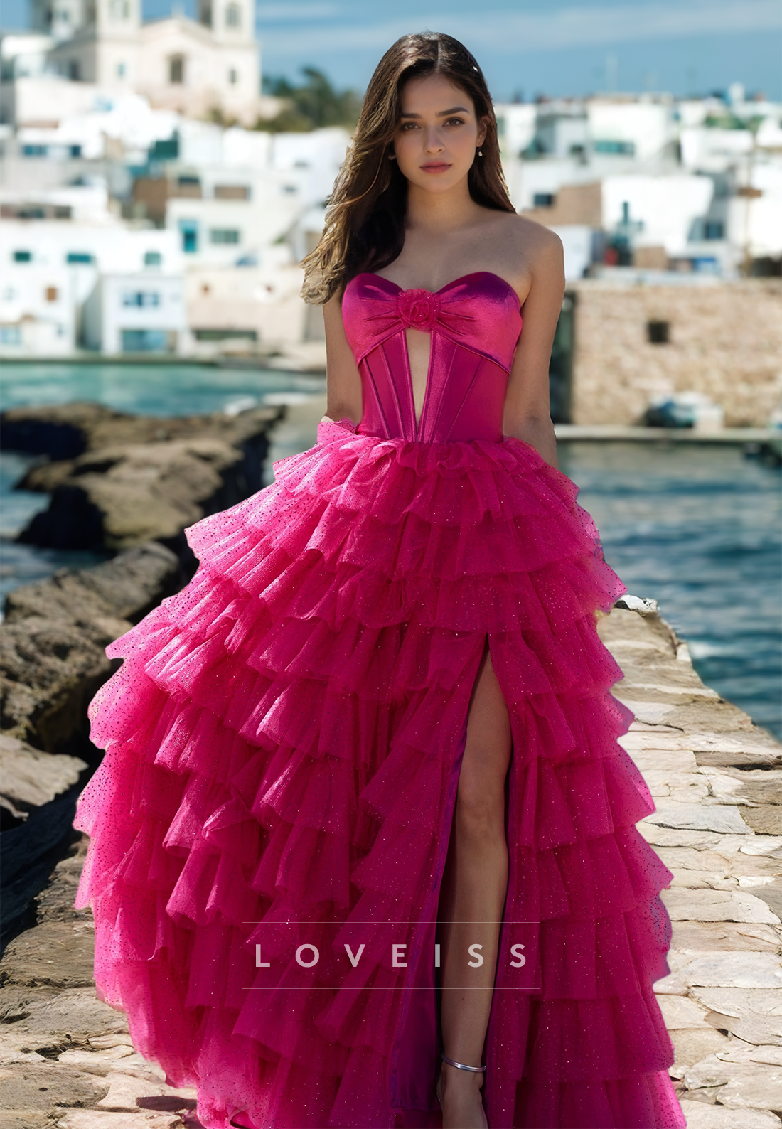 Sweetheart Sleeveless Illusion Tiered Tulle Ball Gown A-Line Prom Dress