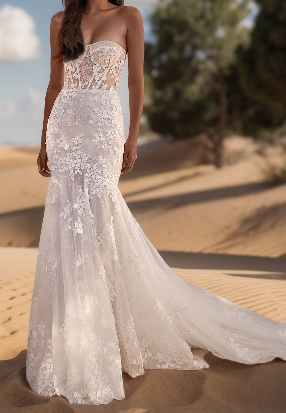 Sweetheart Sleeveless Lace Appliques Tulle Mermaid Wedding Dress