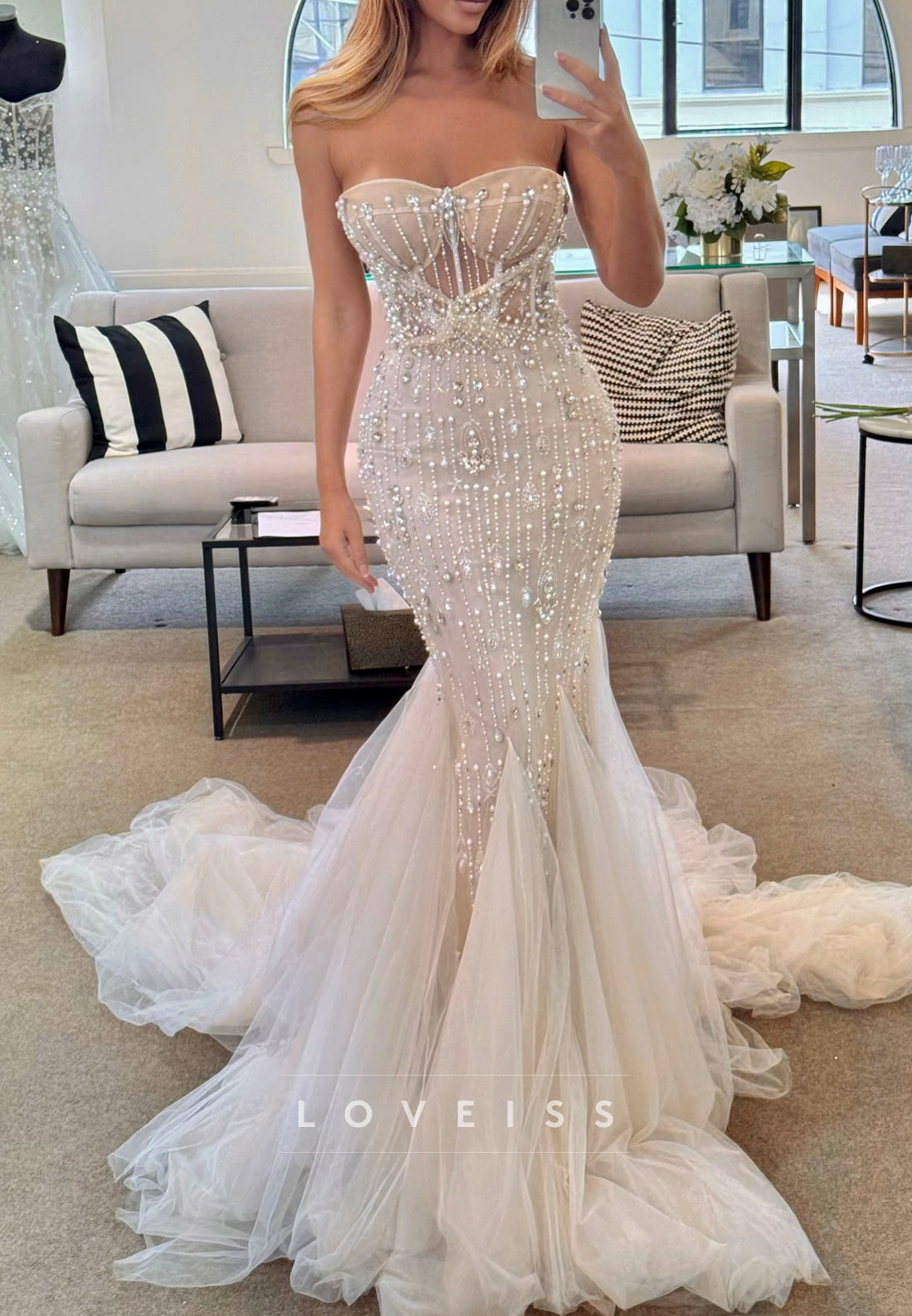 Sweetheart Sleeveless Pearl Beaded Tulle Mermaid Wedding Dress