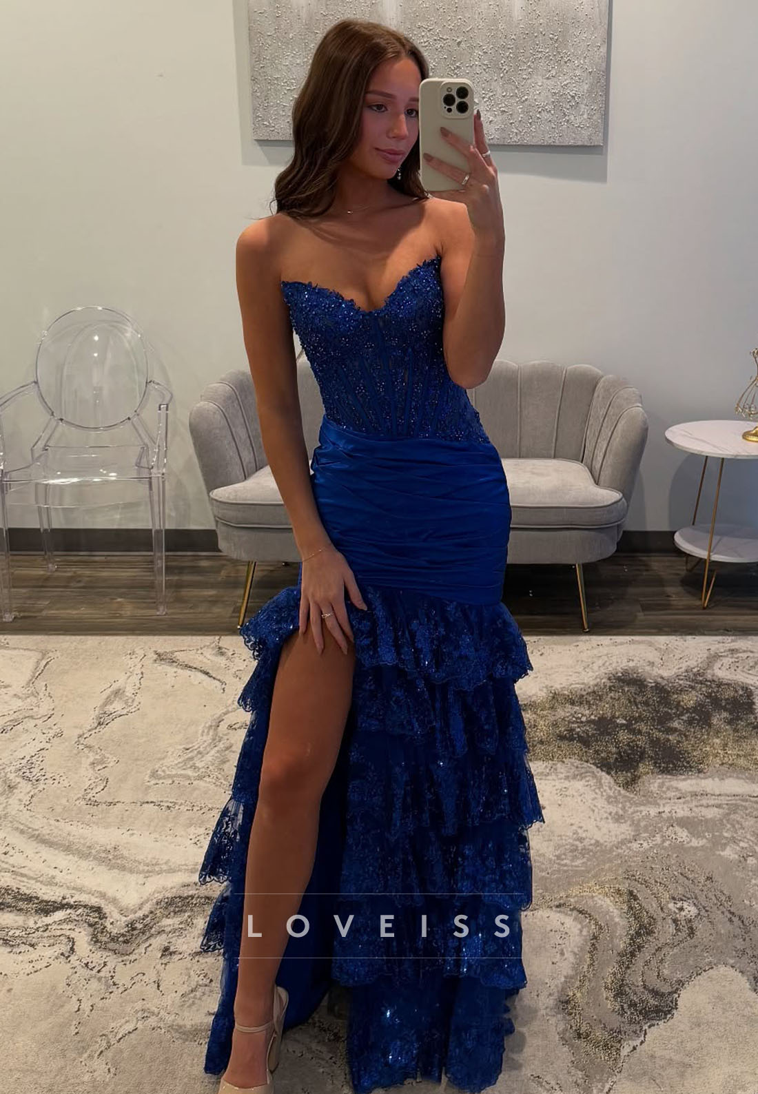 Sweetheart Sleeveless Pleated Appliques Tiered Mermaid Prom Dress