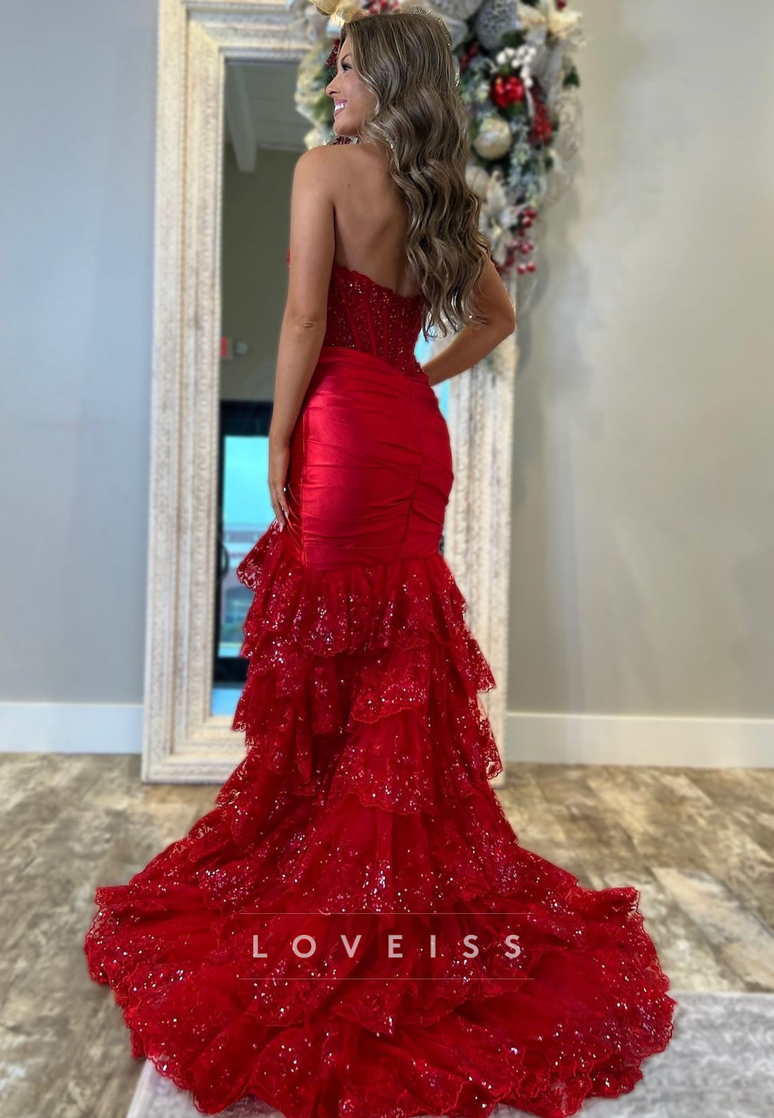 Sweetheart Sleeveless Pleated Appliques Tiered Mermaid Prom Dress