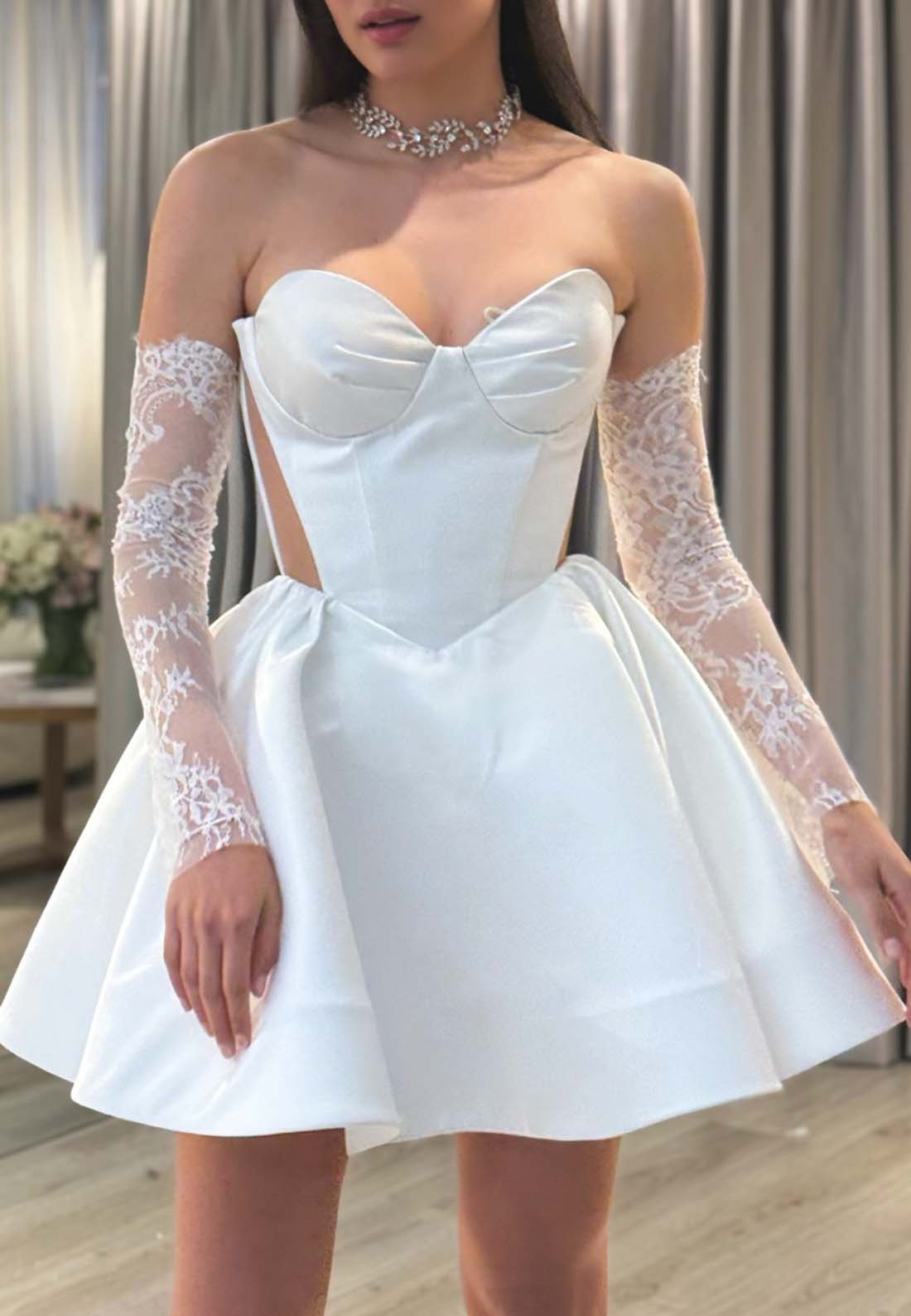 Sweetheart Sleeveless Pleated Satin A-Line Short Wedding Dress