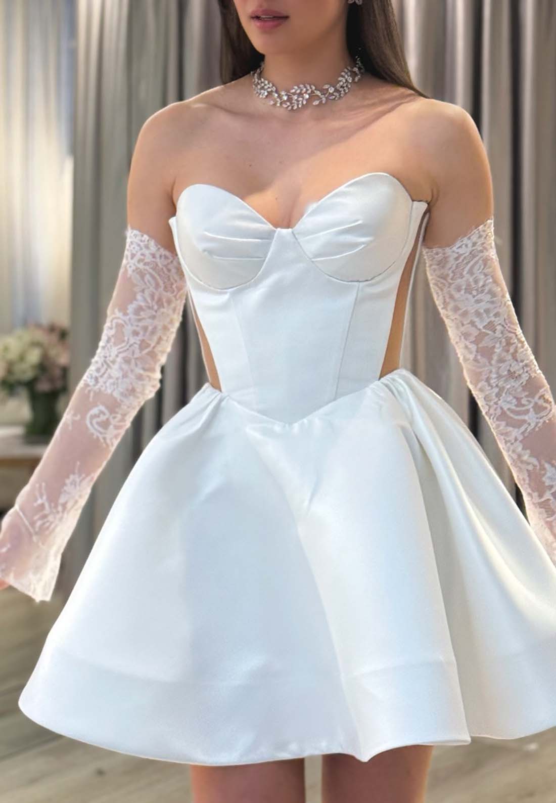 Sweetheart Sleeveless Pleated Satin A-Line Short Wedding Dress