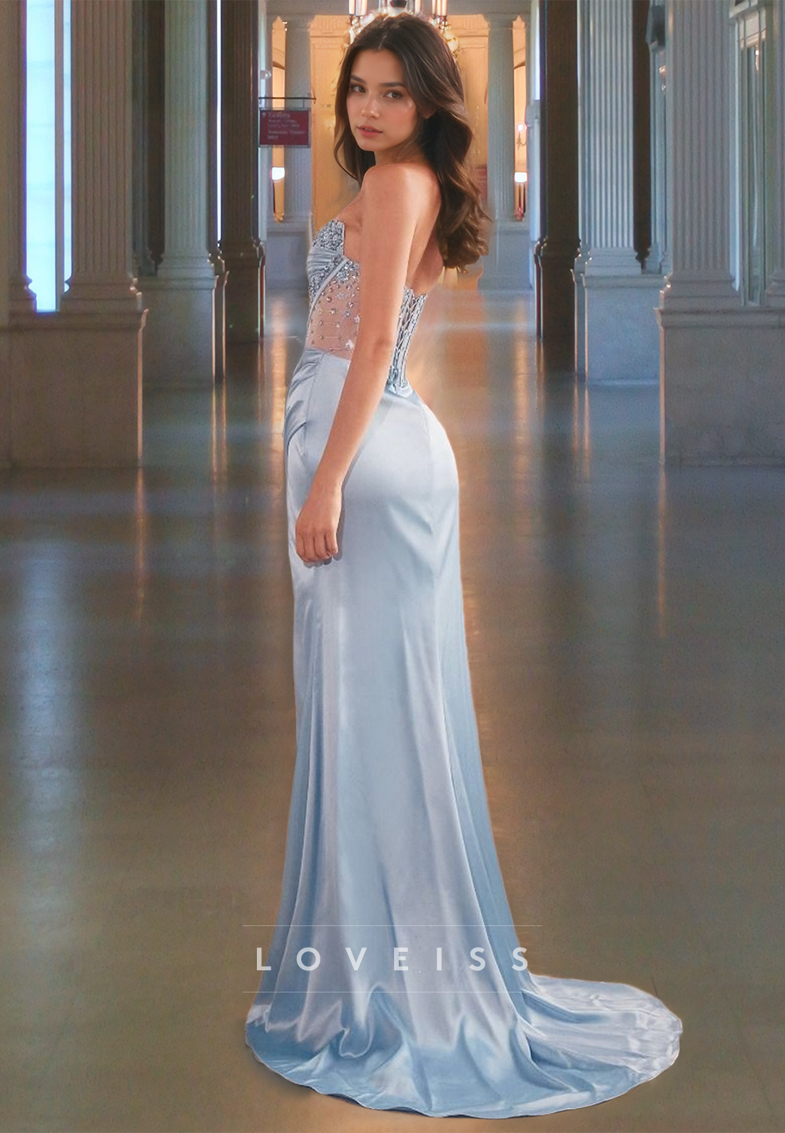 Sweetheart Sleeveless Sheer Ruched Side Slit Prom Dress