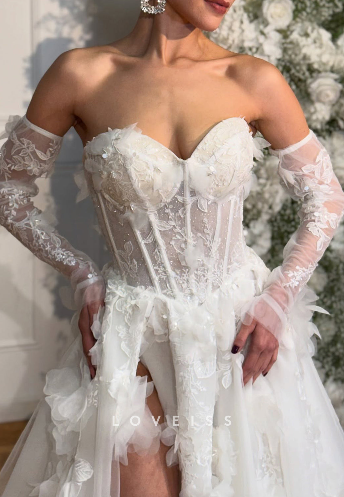 Sweetheart Sleeveless Tulle 3D Floral A-Line Wedding Dress