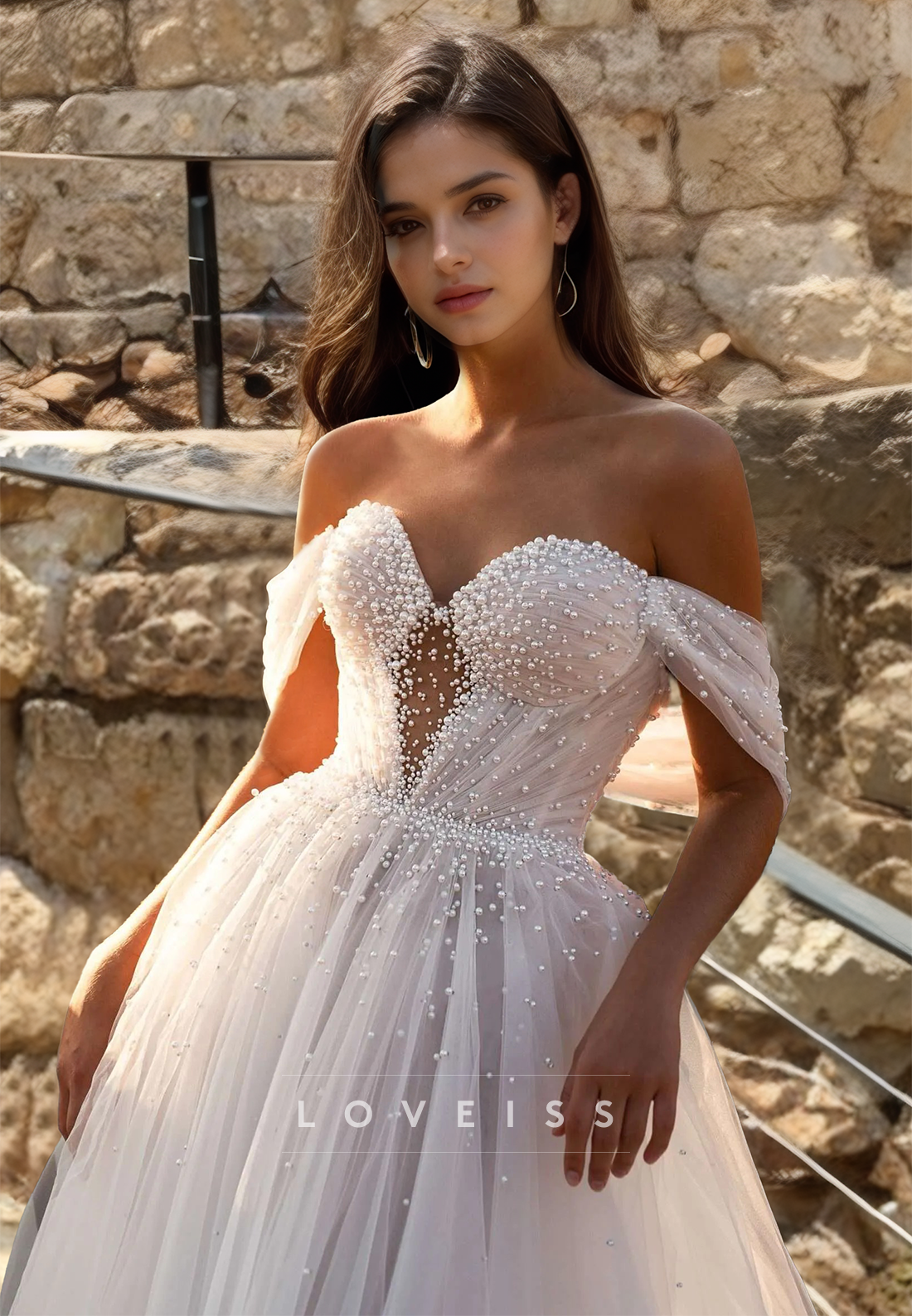 Sweetheart Sleeveless Tulle Pearl Beaded Ball Gown A-Line Wedding Dress