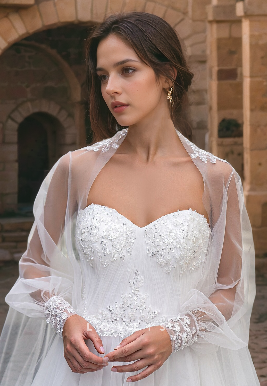 Sweetheart Sleeveless Tulle Sequins A-Line Beach Wedding Dress