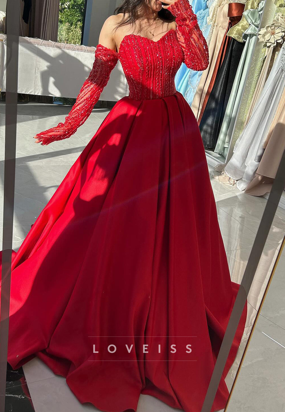 Sweetheart Sleeves Beaded Satin A-Line Prom Dress