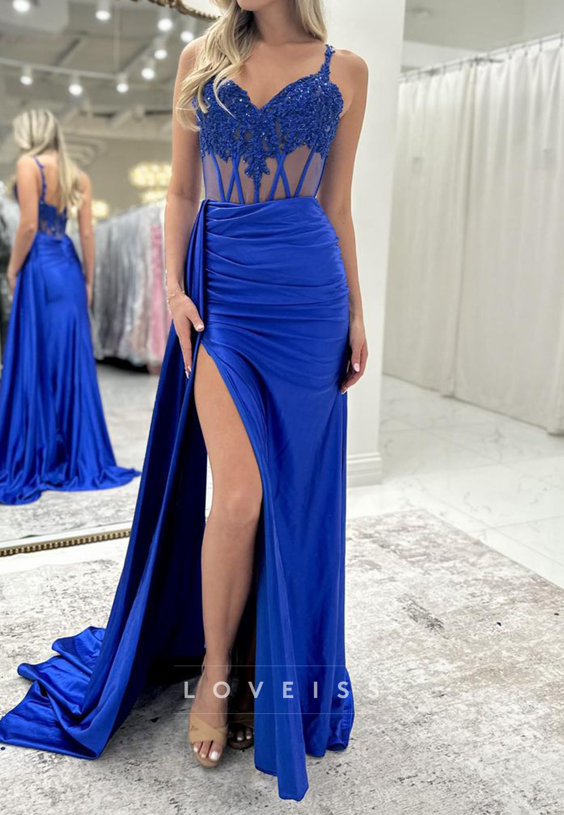 Sweetheart Spaghetti Straps Appliques Pleated Sheath Prom Dress