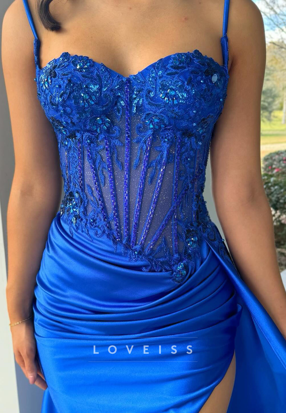 Sweetheart Spaghetti Straps Appliques Sheath Prom Dress