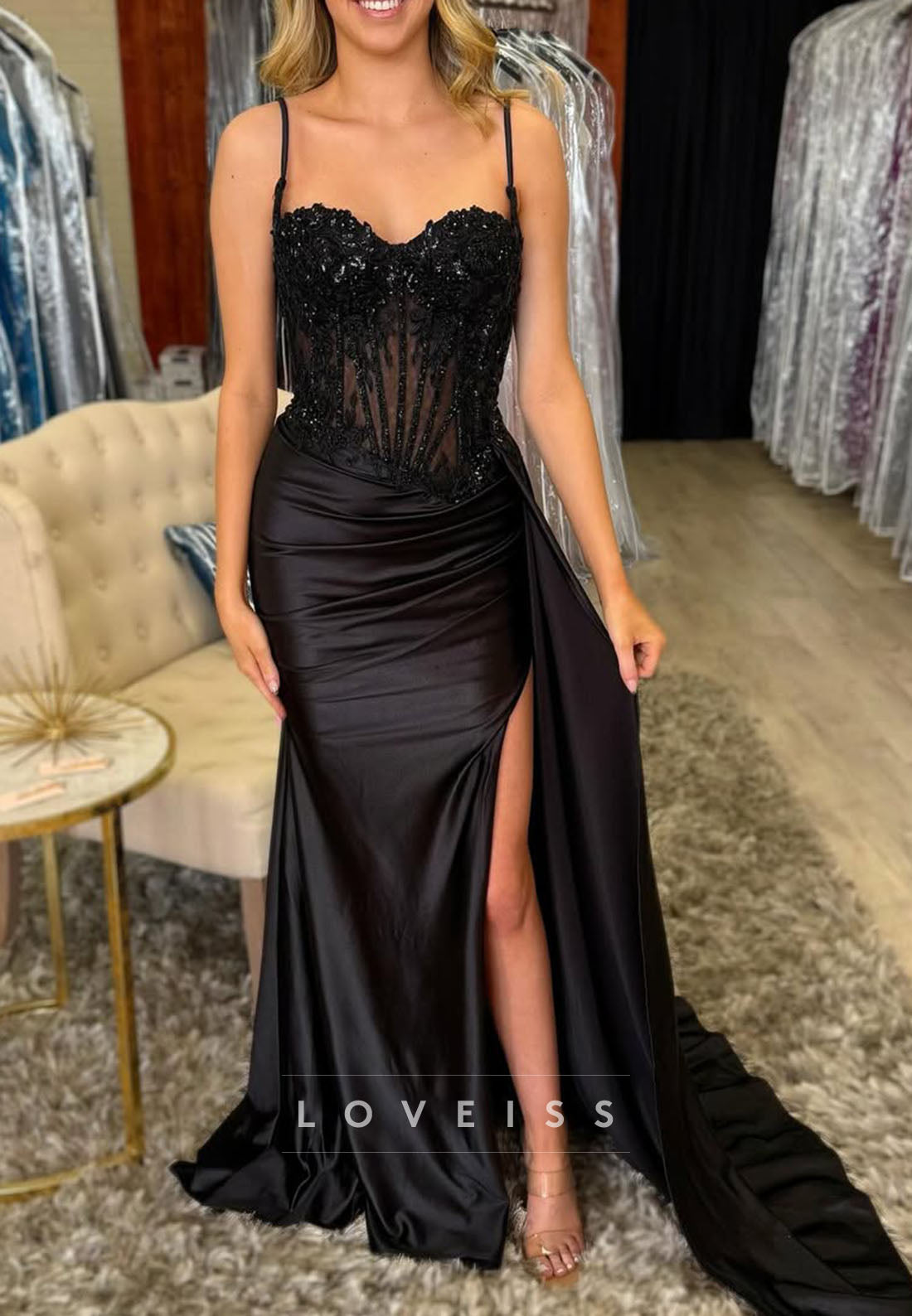 Sweetheart Spaghetti Straps Appliques Sheath Prom Dress