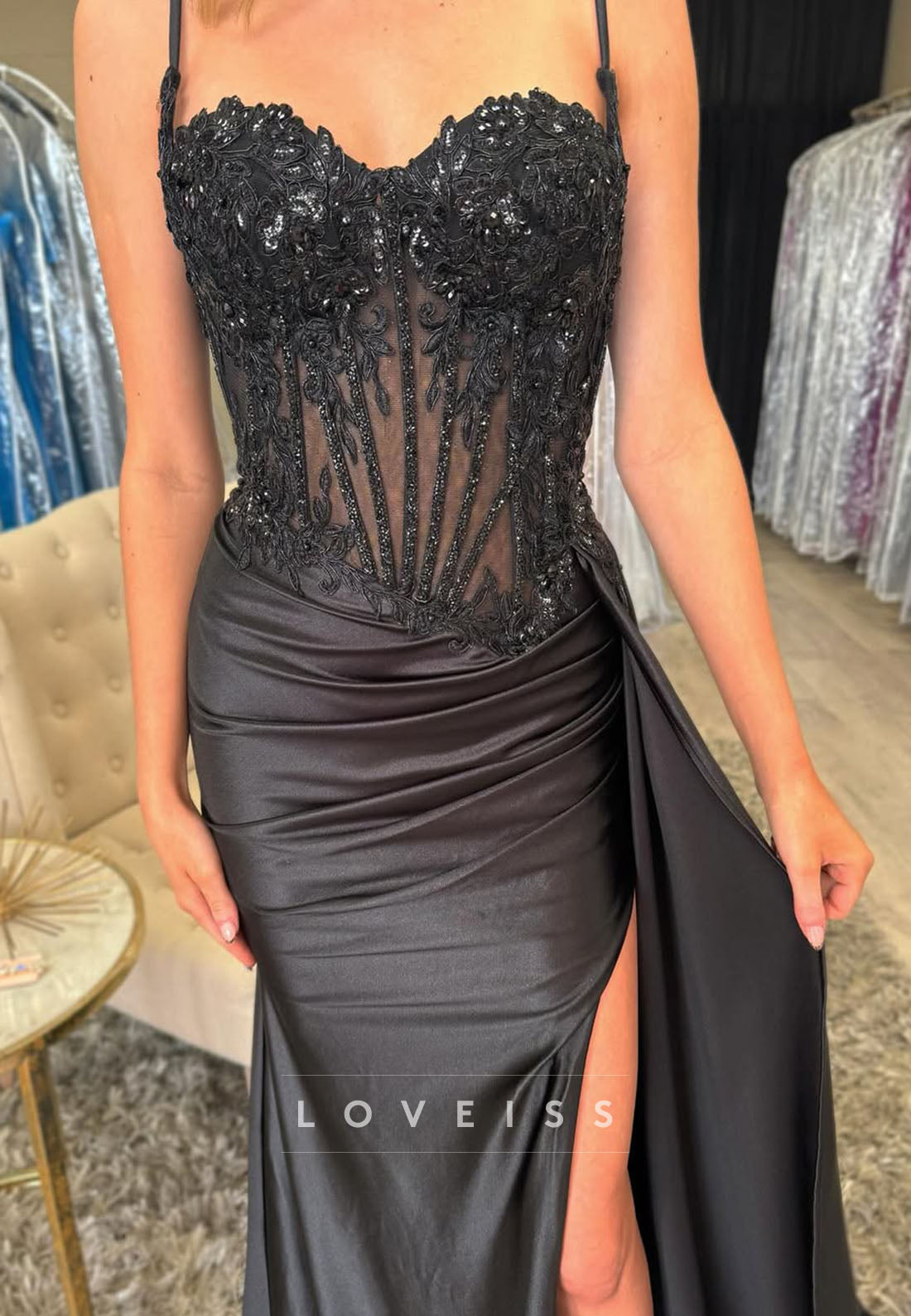 Sweetheart Spaghetti Straps Appliques Sheath Prom Dress