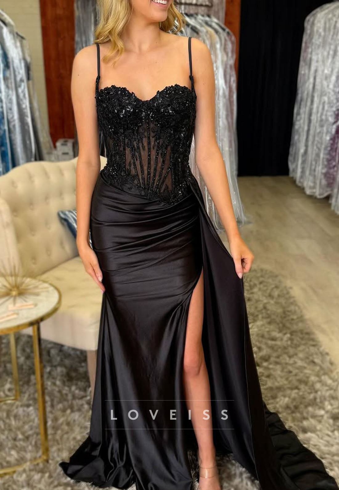 Sweetheart Spaghetti Straps Appliques Sheath Prom Dress