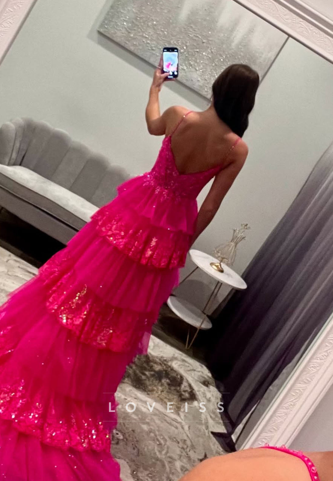 Sweetheart Spaghetti Straps Appliques Tiered Tulle A-Line Prom Dress