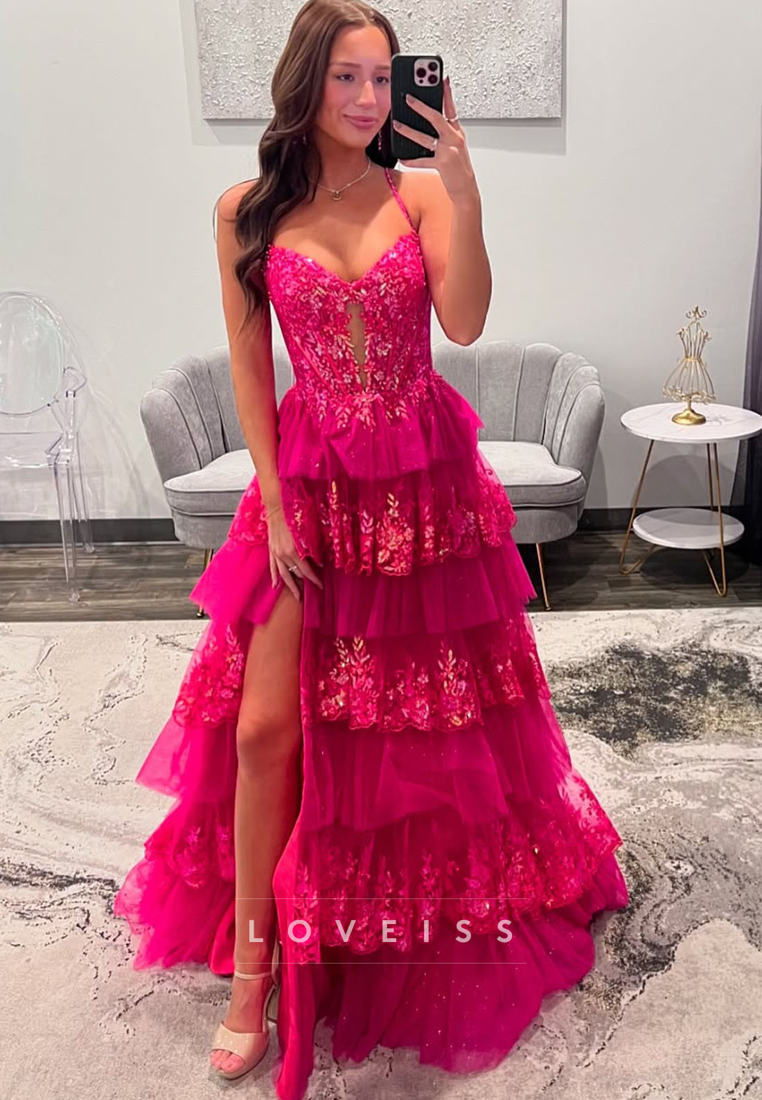 Sweetheart Spaghetti Straps Appliques Tiered Tulle A-Line Prom Dress