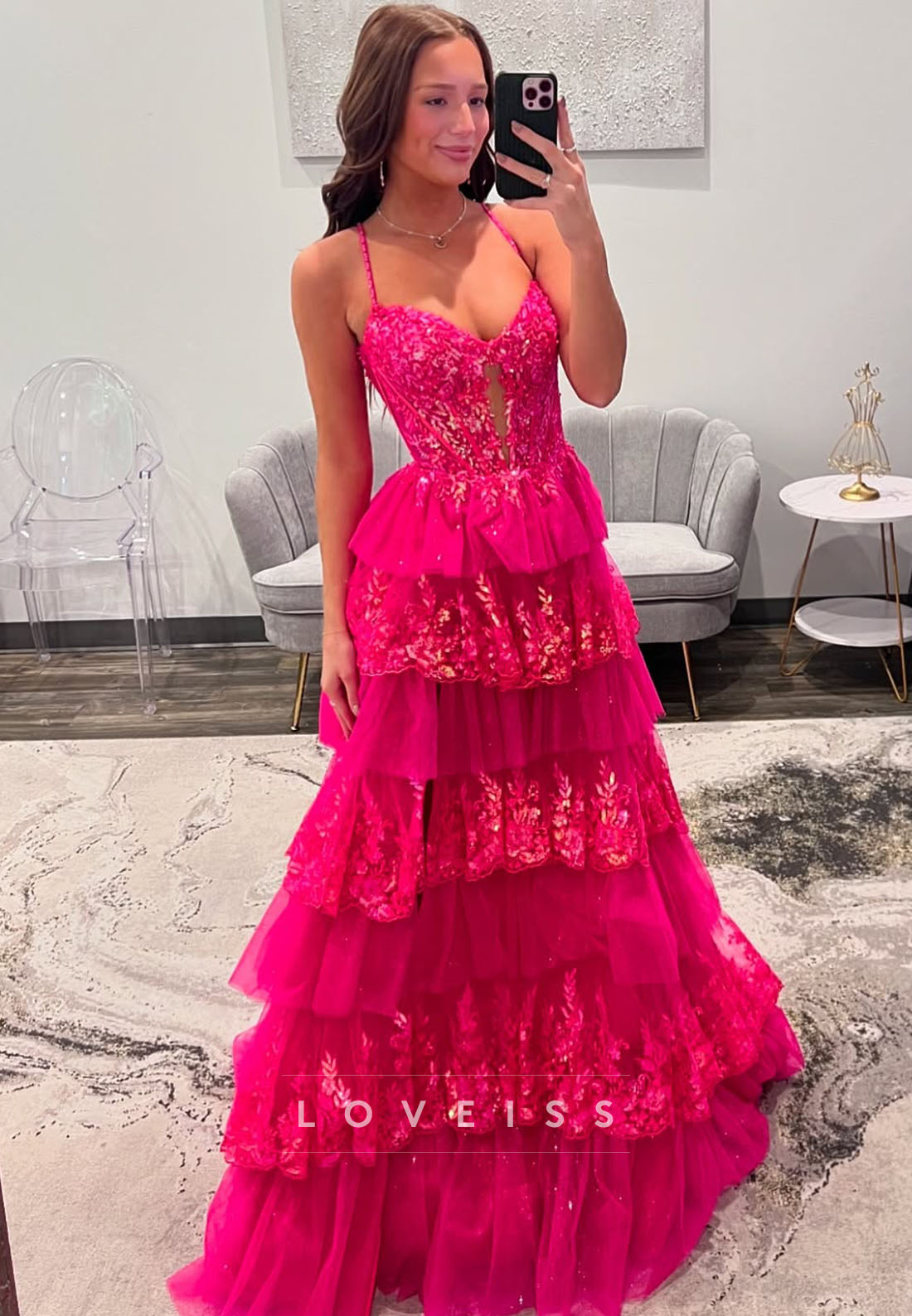 Sweetheart Spaghetti Straps Appliques Tiered Tulle A-Line Prom Dress