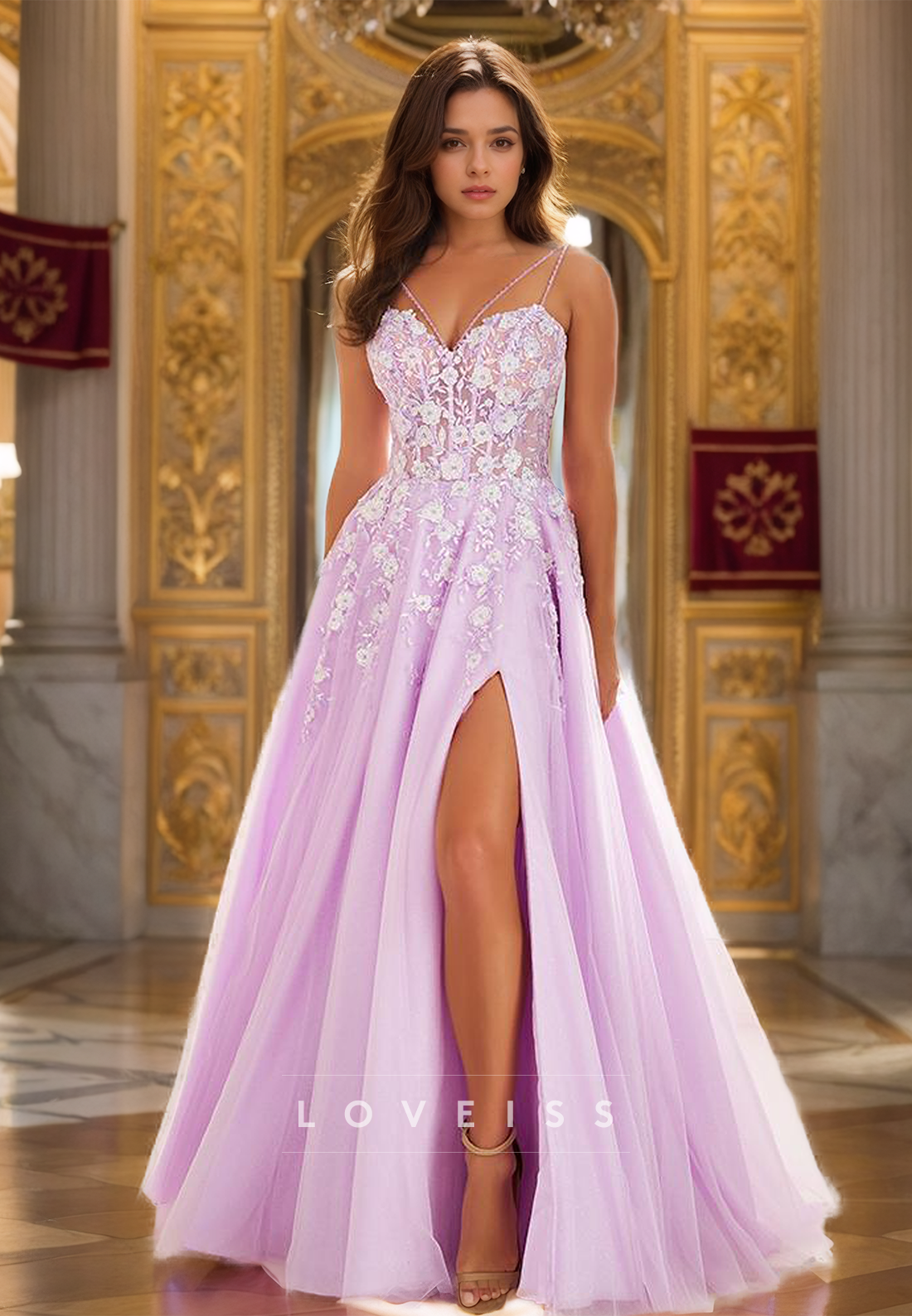 Sweetheart Spaghetti Straps Appliques Tulle A-Line Prom Dress