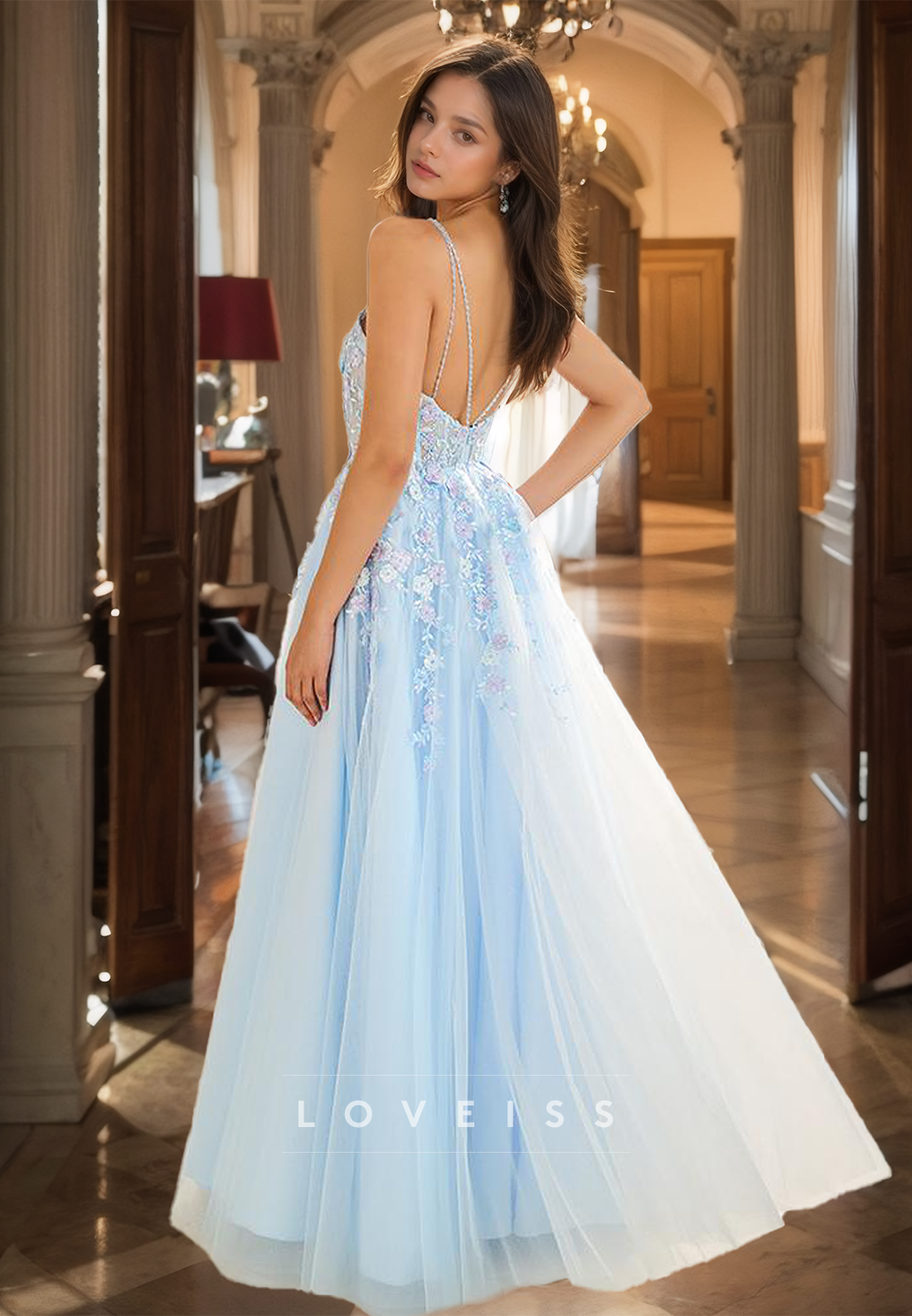 Sweetheart Spaghetti Straps Appliques Tulle A-Line Prom Dress