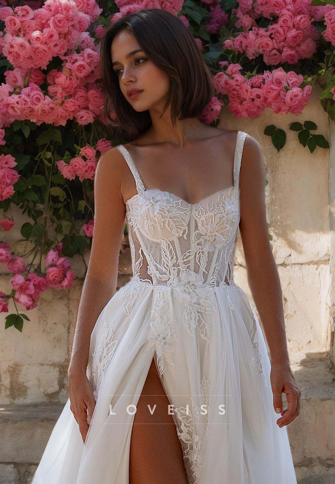 Sweetheart Spaghetti Straps Appliques Tulle A-Line Wedding Dress