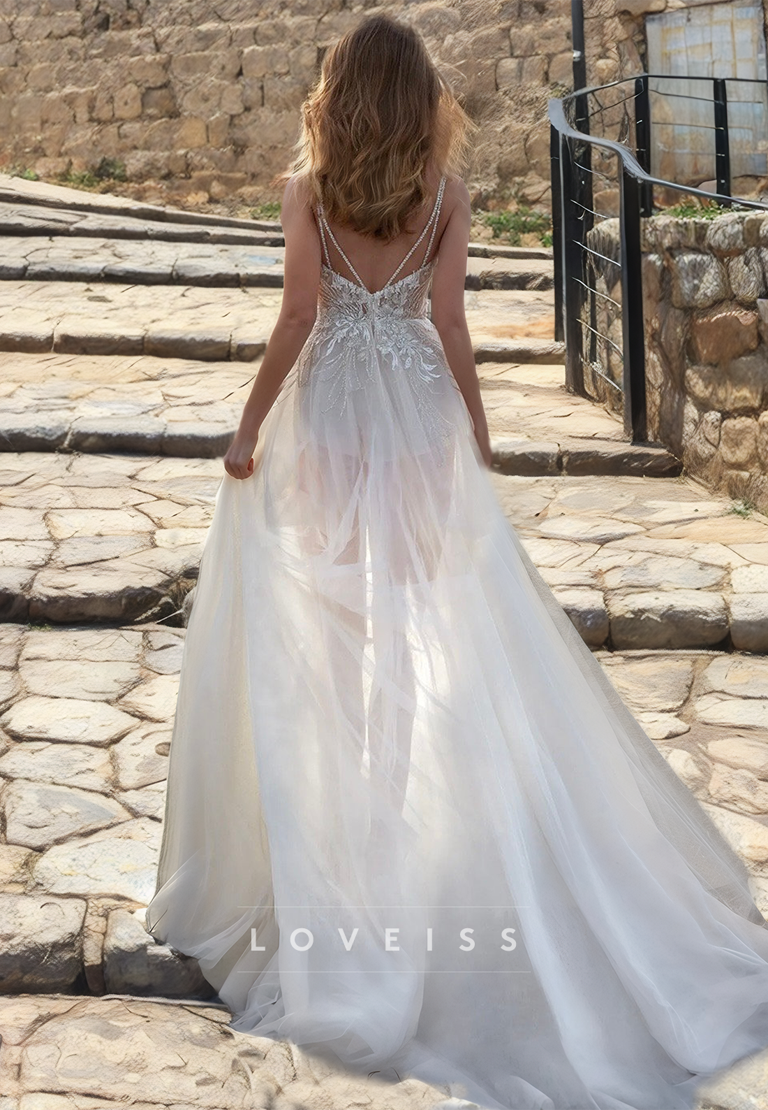 Sweetheart Spaghetti Straps Appliques Tulle Sheer A-Line Beach Wedding Dress