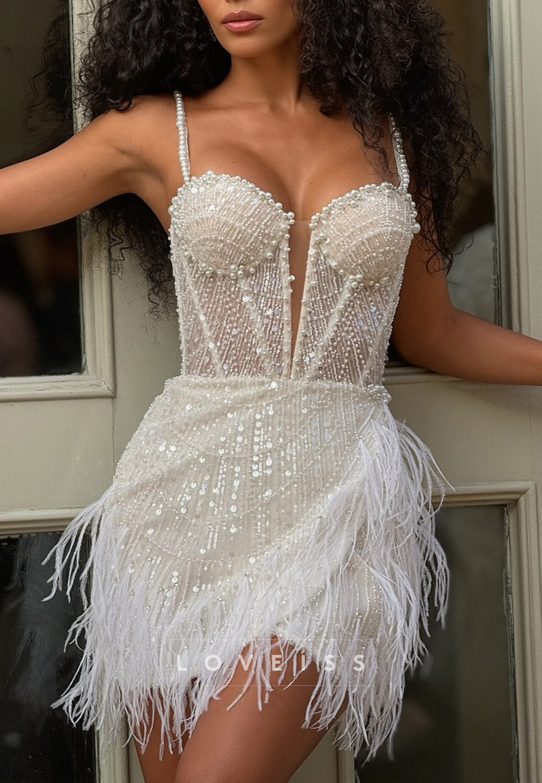 Sweetheart Spaghetti Straps Beaded Embroidery Sheath Short Beach Wedding Dress