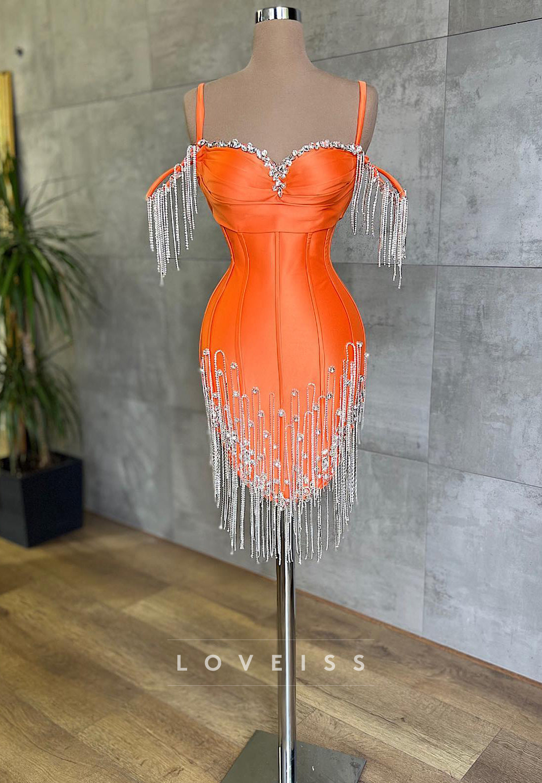Sweetheart Spaghetti Straps Beaded Fringe Sheath Party Homecoming Dress