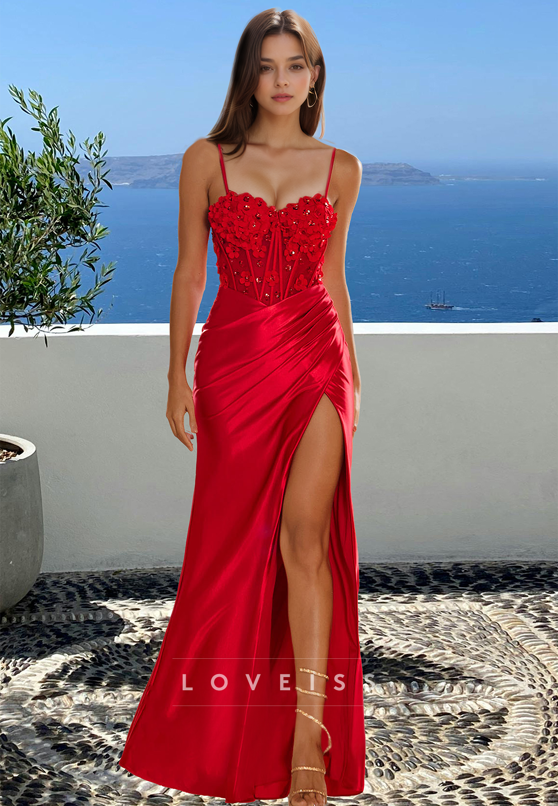 Sweetheart Spaghetti Straps Floral Appliques Pleated Sheath Prom Dress
