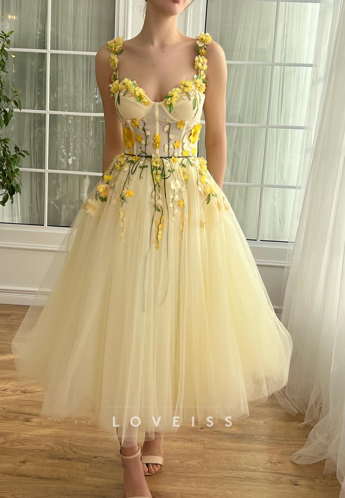 Sweetheart Spaghetti Straps Floral Prom Dress A-Line Party Dress