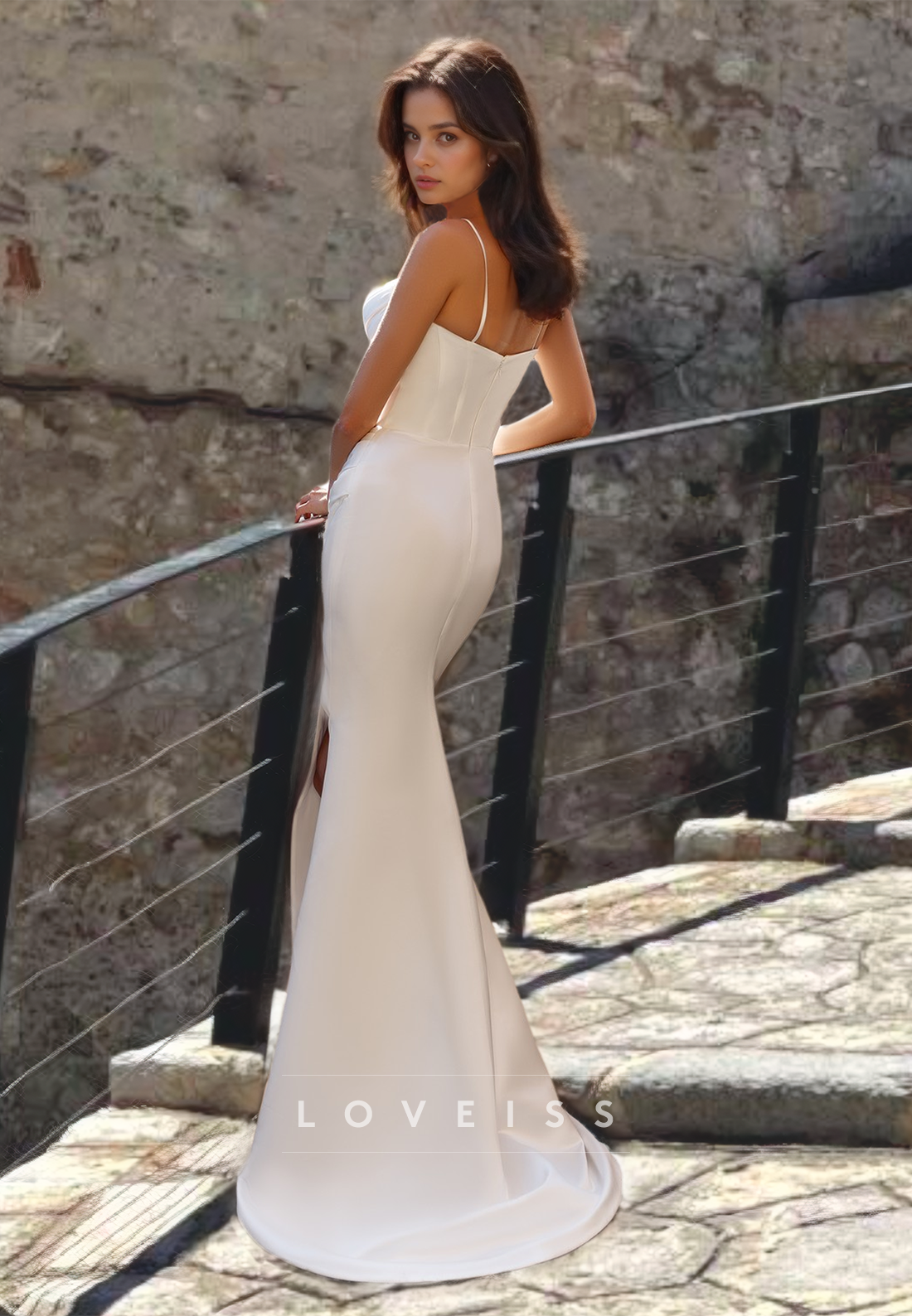 Sweetheart Spaghetti Straps Pleated Side Slit Sleek Sheath Beach Wedding Dress