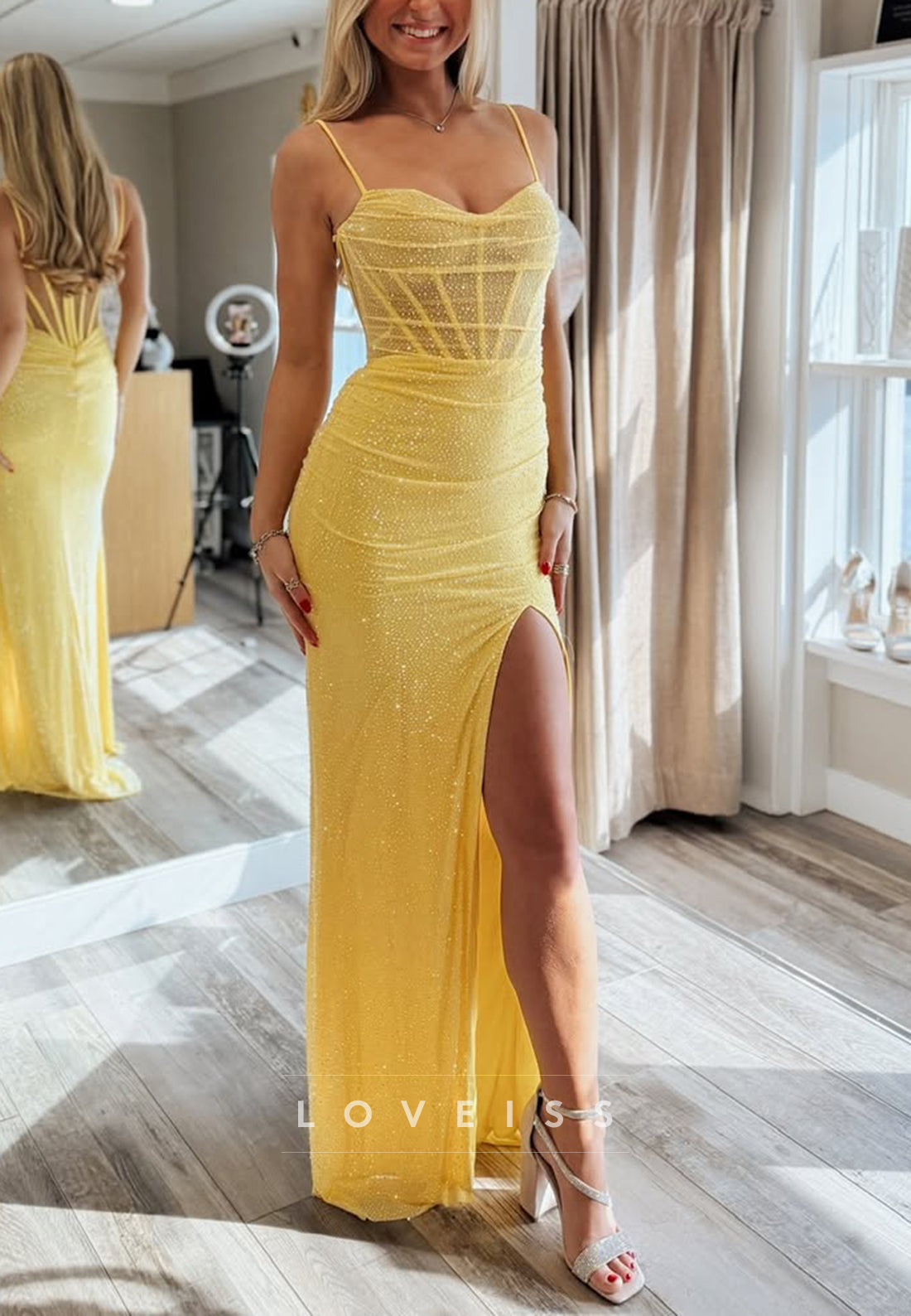 Sweetheart Spaghetti Straps Sheath Sequins Prom Dress