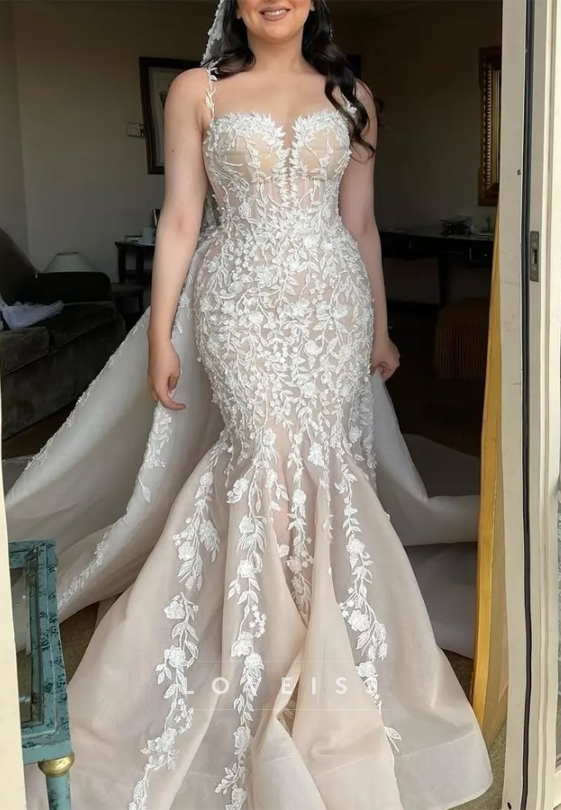 Sweetheart Spaghetti Sttraps Appliques Mermaid Wedding Dress