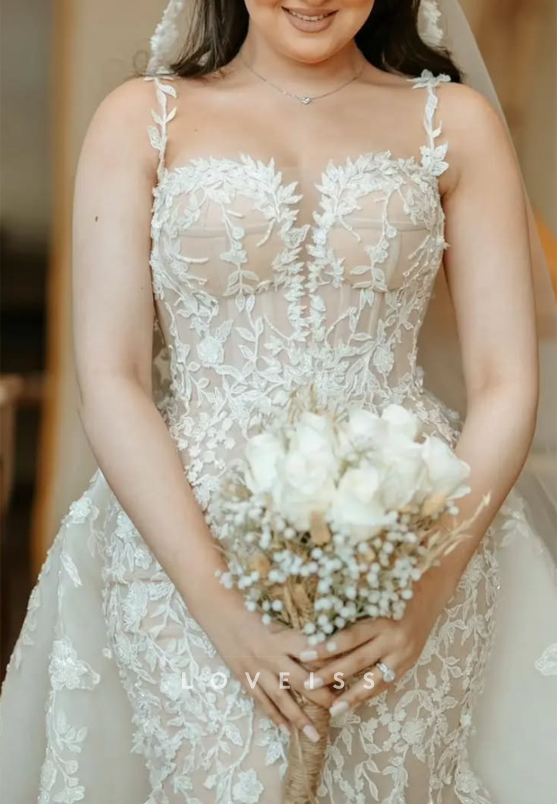 Sweetheart Spaghetti Sttraps Appliques Mermaid Wedding Dress