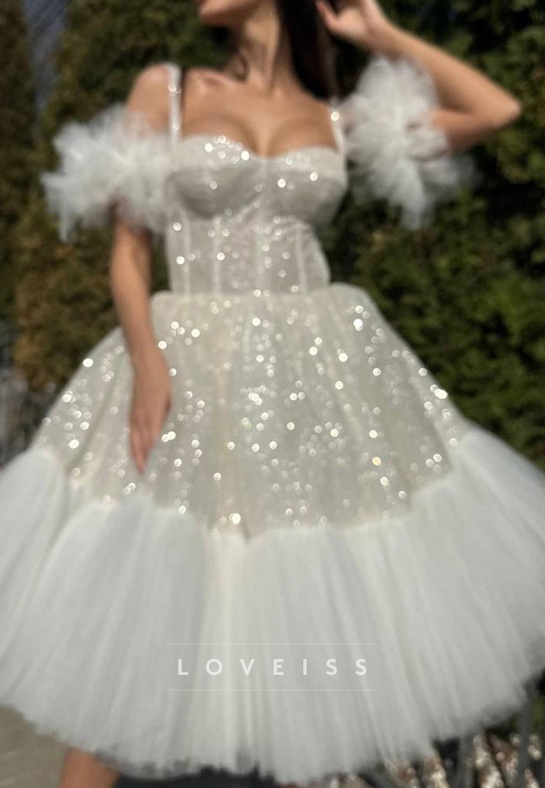 Sweetheart Sparkly Straps Ball Gown A-Line Midi Wedding Dress