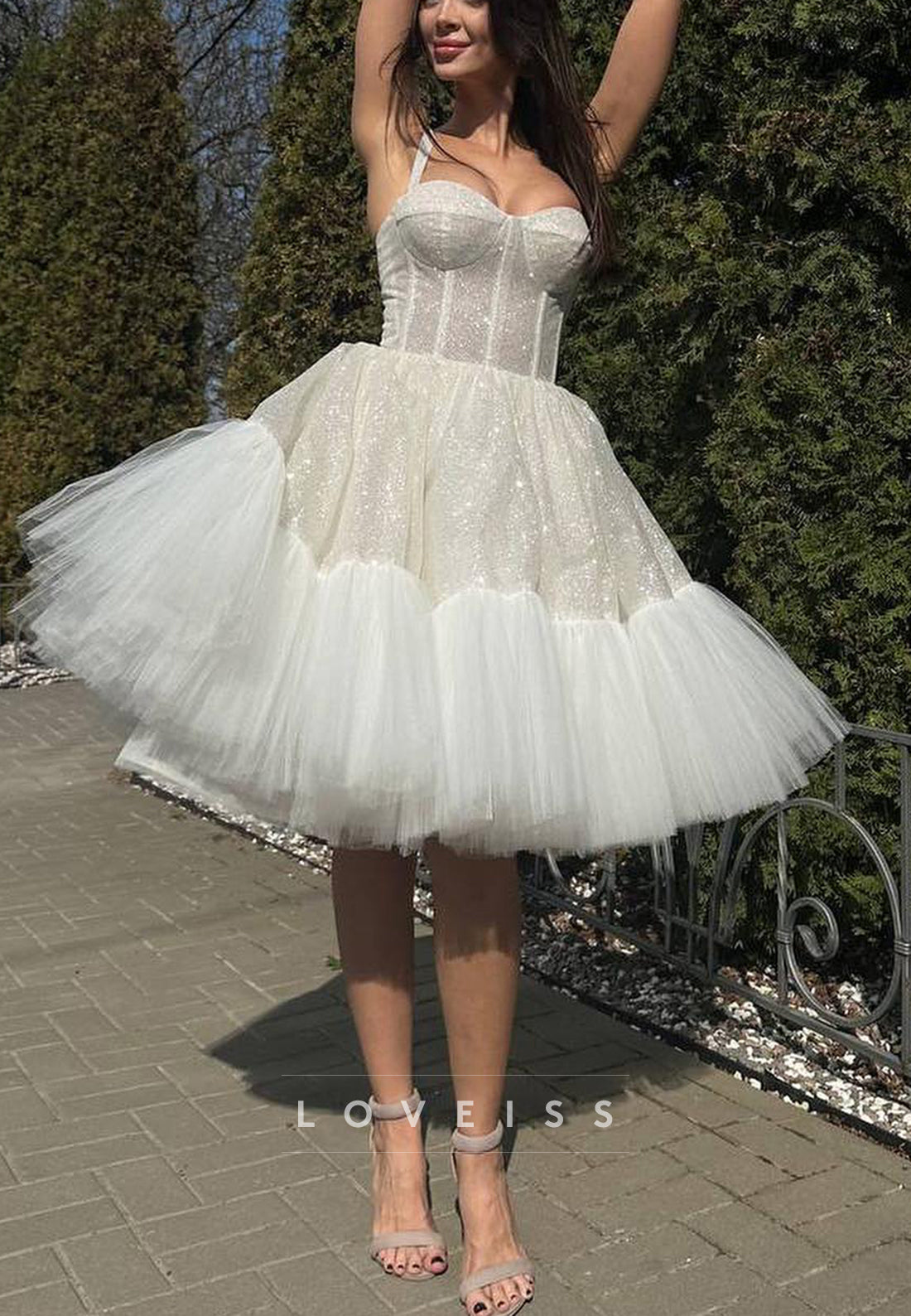 Sweetheart Sparkly Straps Ball Gown A-Line Midi Wedding Dress