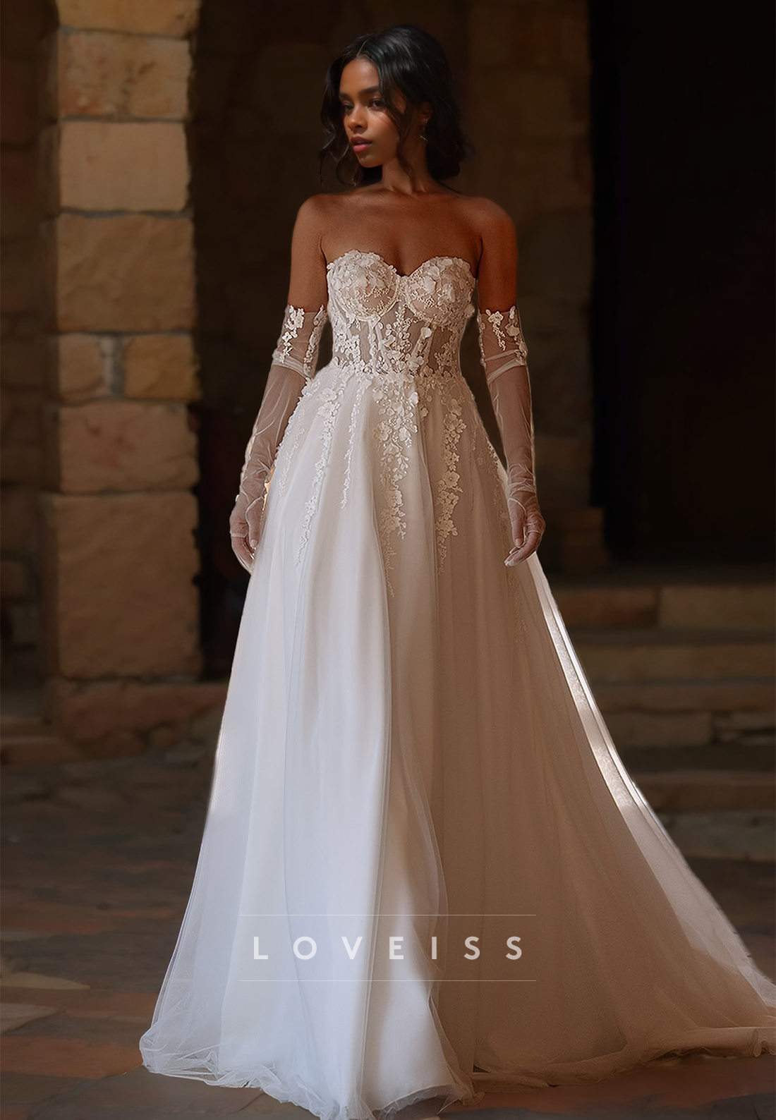 Sweetheart Strapless Appliques Tulle A-Line Wedding Dress