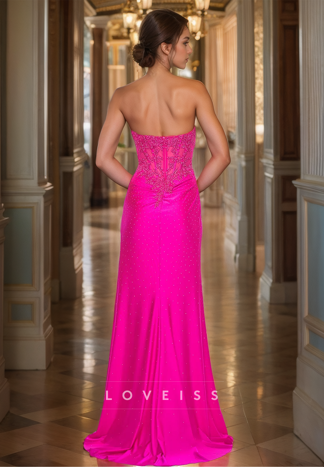 Sweetheart Strapless Beaded Appliques Ruched Sheath Prom Dress