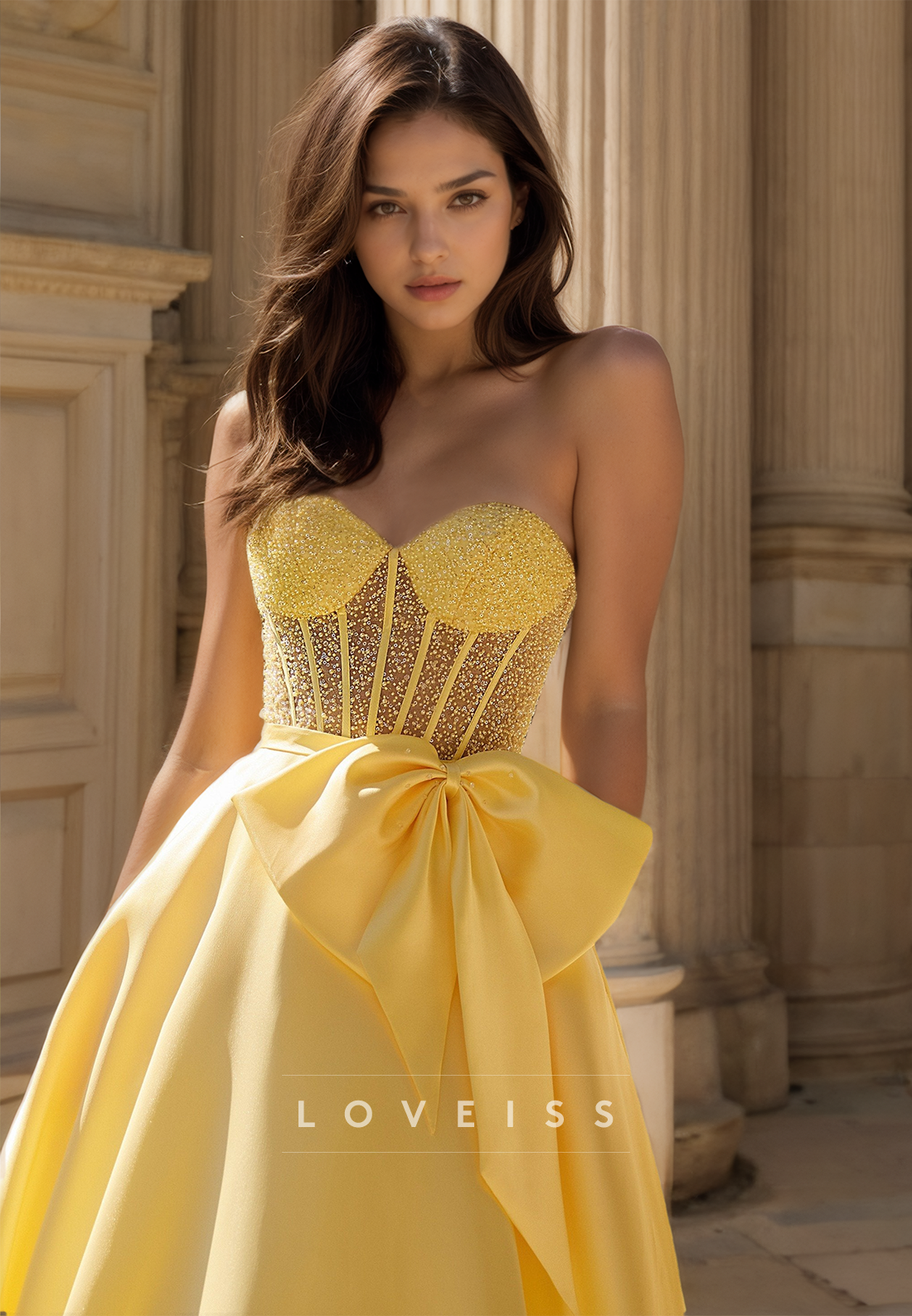 Sweetheart Strapless Beaded Bowknot Sleek A-Line Prom Dress