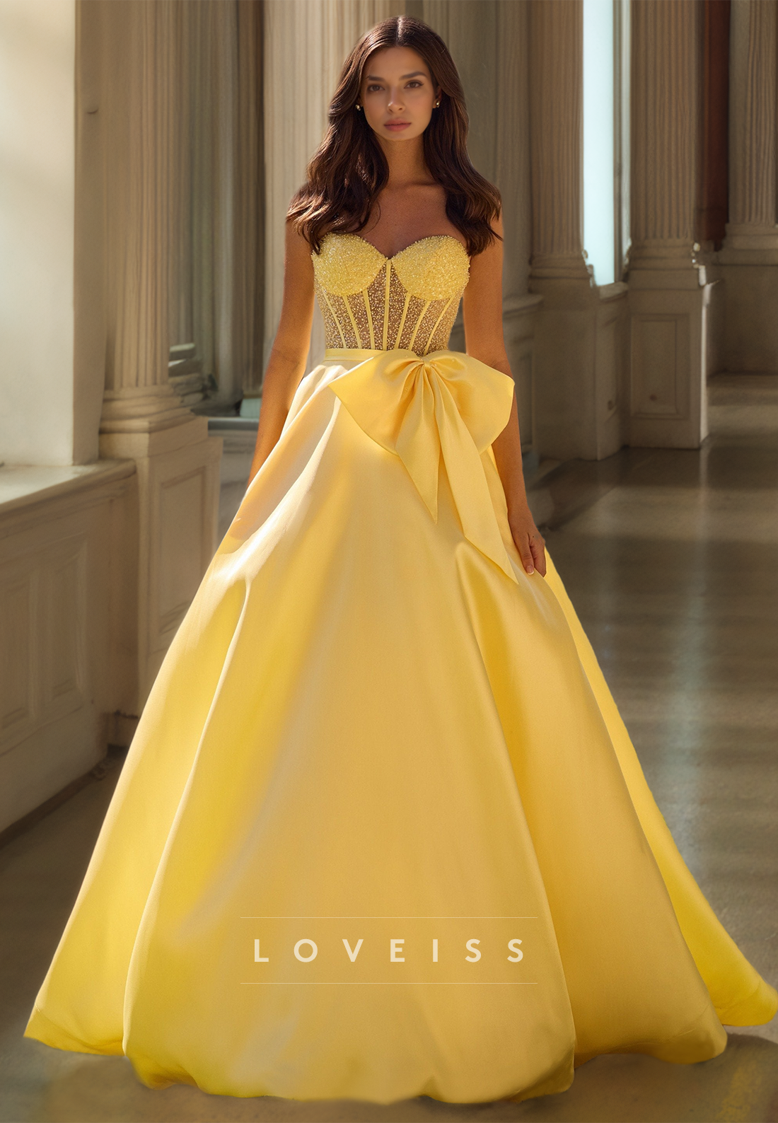 Sweetheart Strapless Beaded Bowknot Sleek A-Line Prom Dress