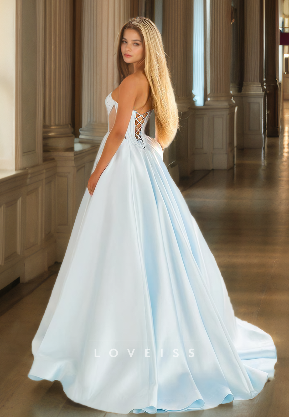 Sweetheart Strapless Beaded Illusion Pleated Satin A-Line Prom Dress